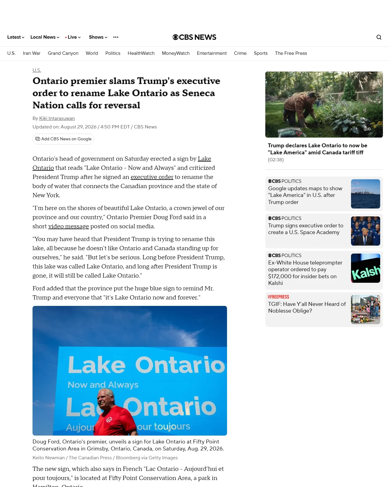 cbsnews.com as published: Ontario premier slams Trump's order: "It's Lake Ontario now and forever"