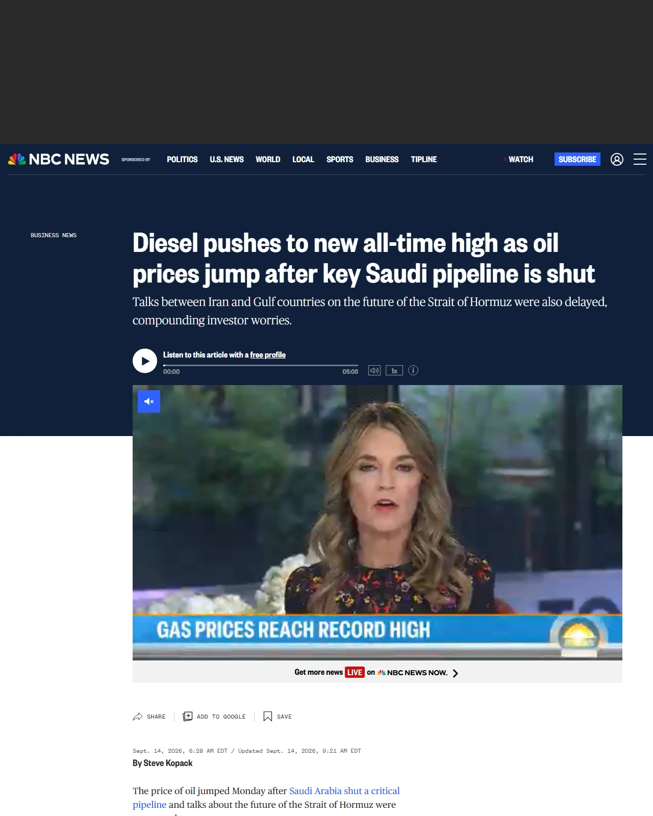 nbcnews.com as published: Diesel pushes to new all-time high as oil prices jump after key Saudi pipeline is shut