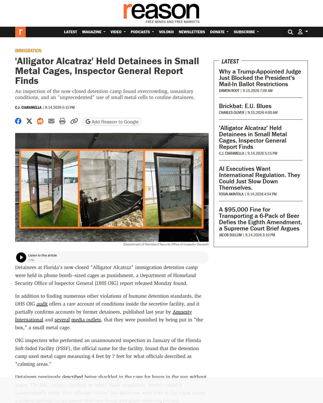 reason.com as published: 'Alligator Alcatraz' Held Detainees in Small Metal Cages, Inspector General Report Finds