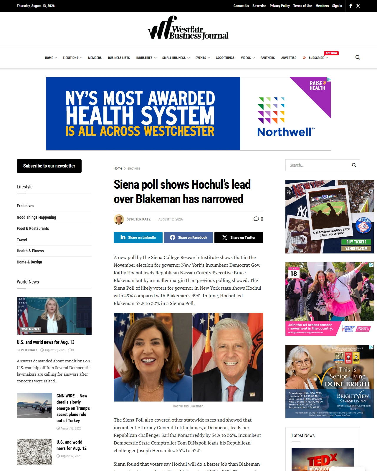 westfaironline.com as published: Siena poll shows Hochul’s lead over Blakeman has narrowed