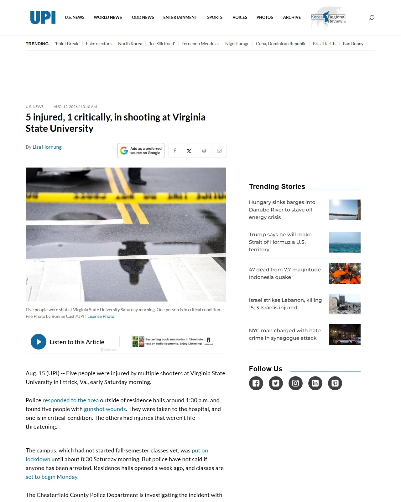 upi.com as published: 5 injured, 1 critically, in shooting at Virginia State University