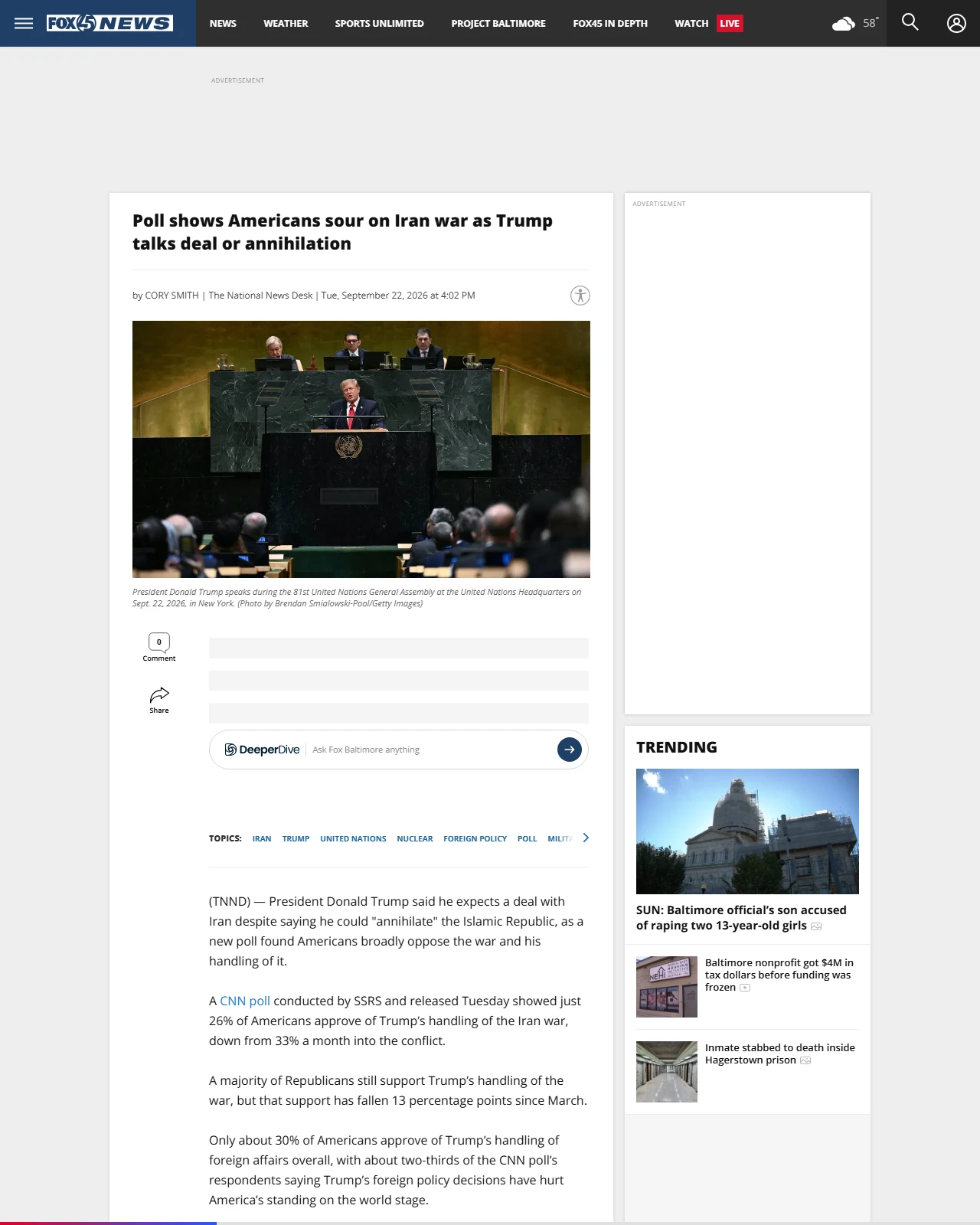 foxbaltimore.com as published: Poll shows Americans sour on Iran war as Trump talks deal or annihilation