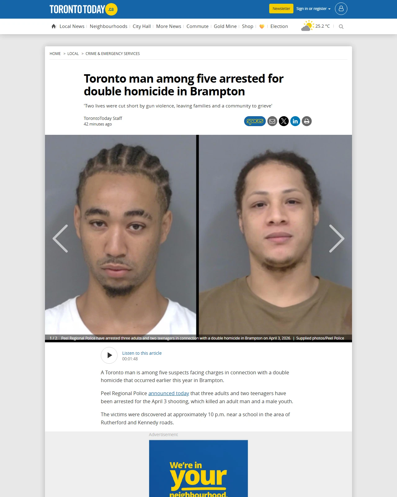torontotoday.ca as published: Toronto man among five arrested for double homicide in Brampton
