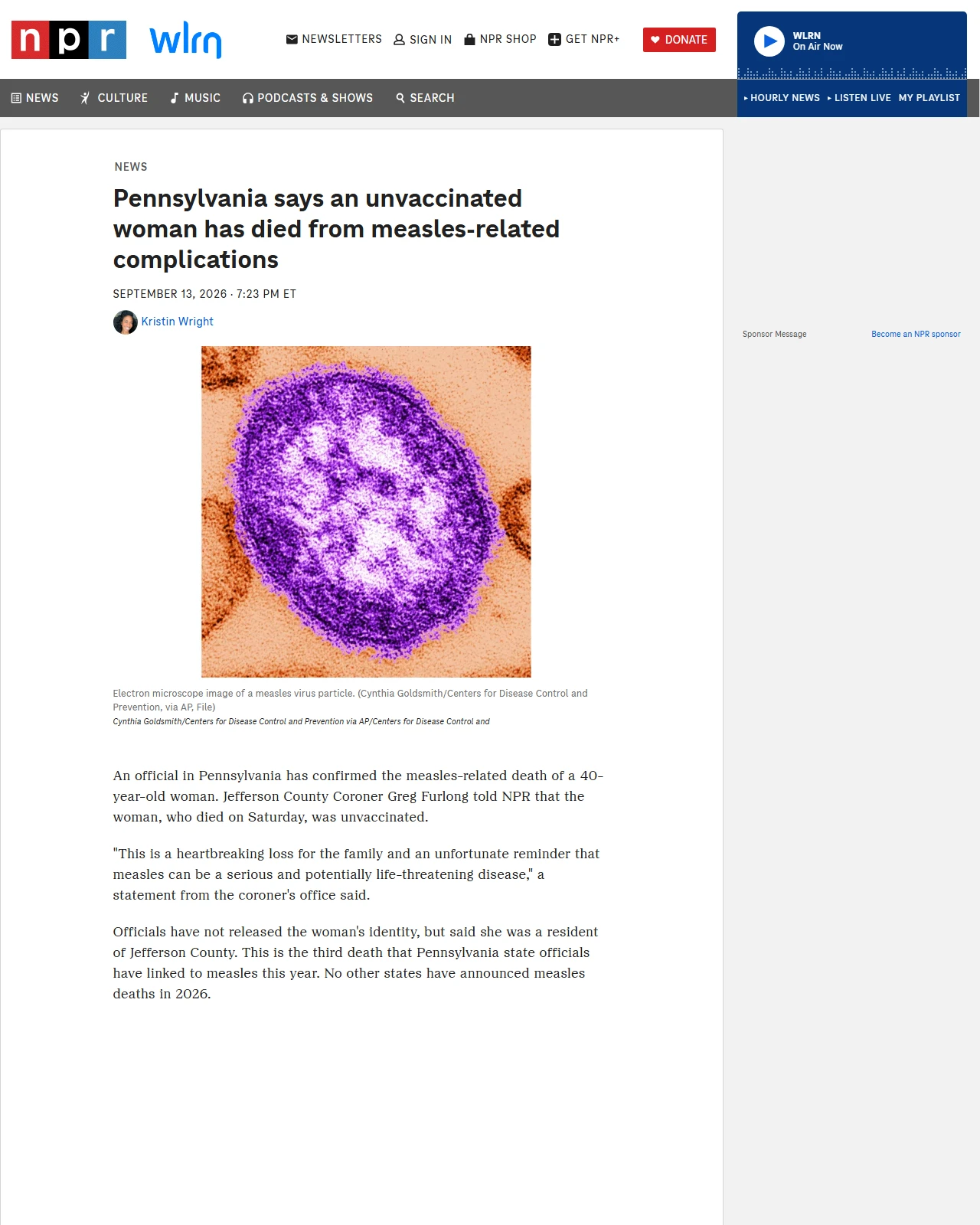 npr.org as published: Pennsylvania says an unvaccinated woman has died from measles-related complications