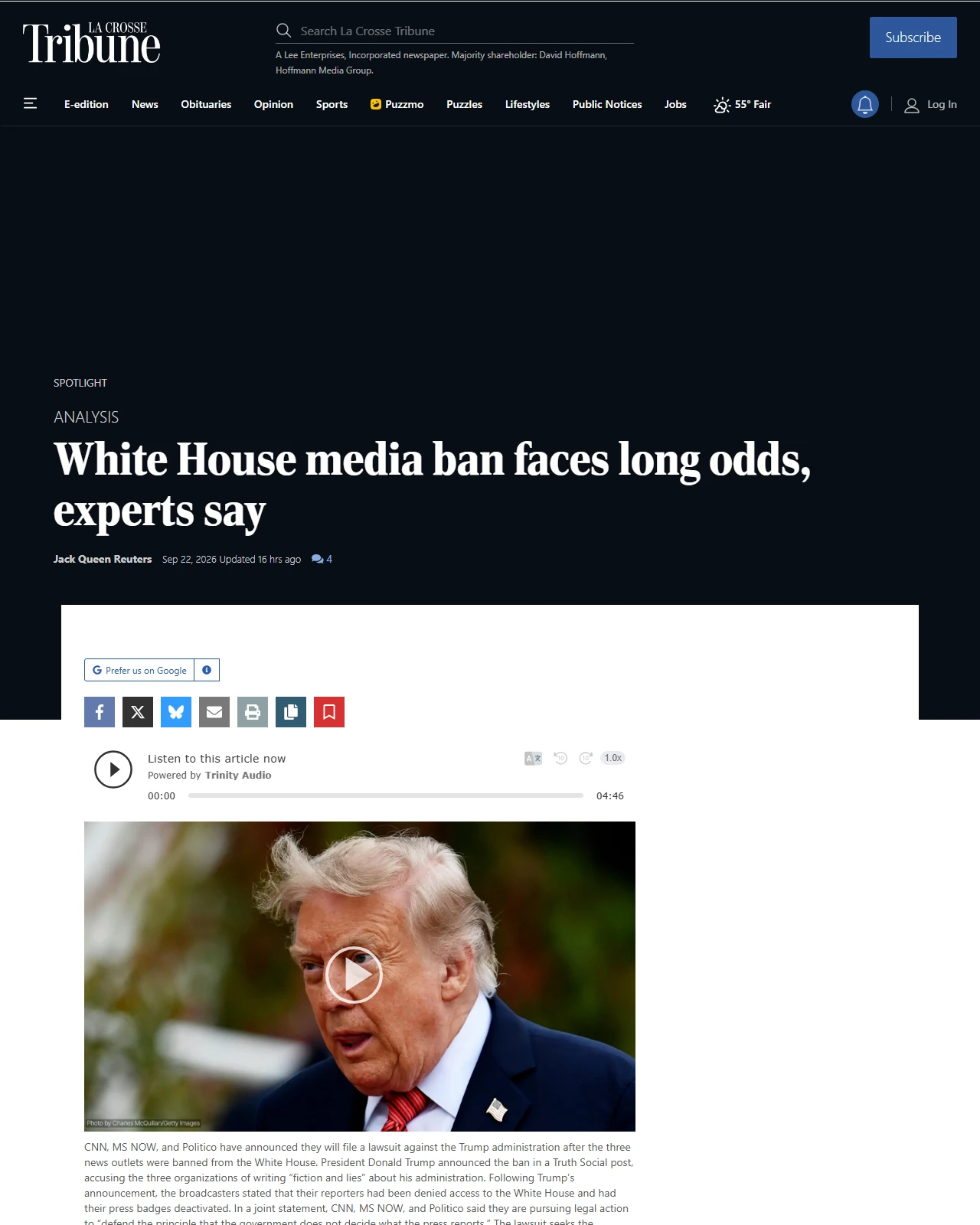 lacrossetribune.com as published: White House media ban faces long odds, experts say