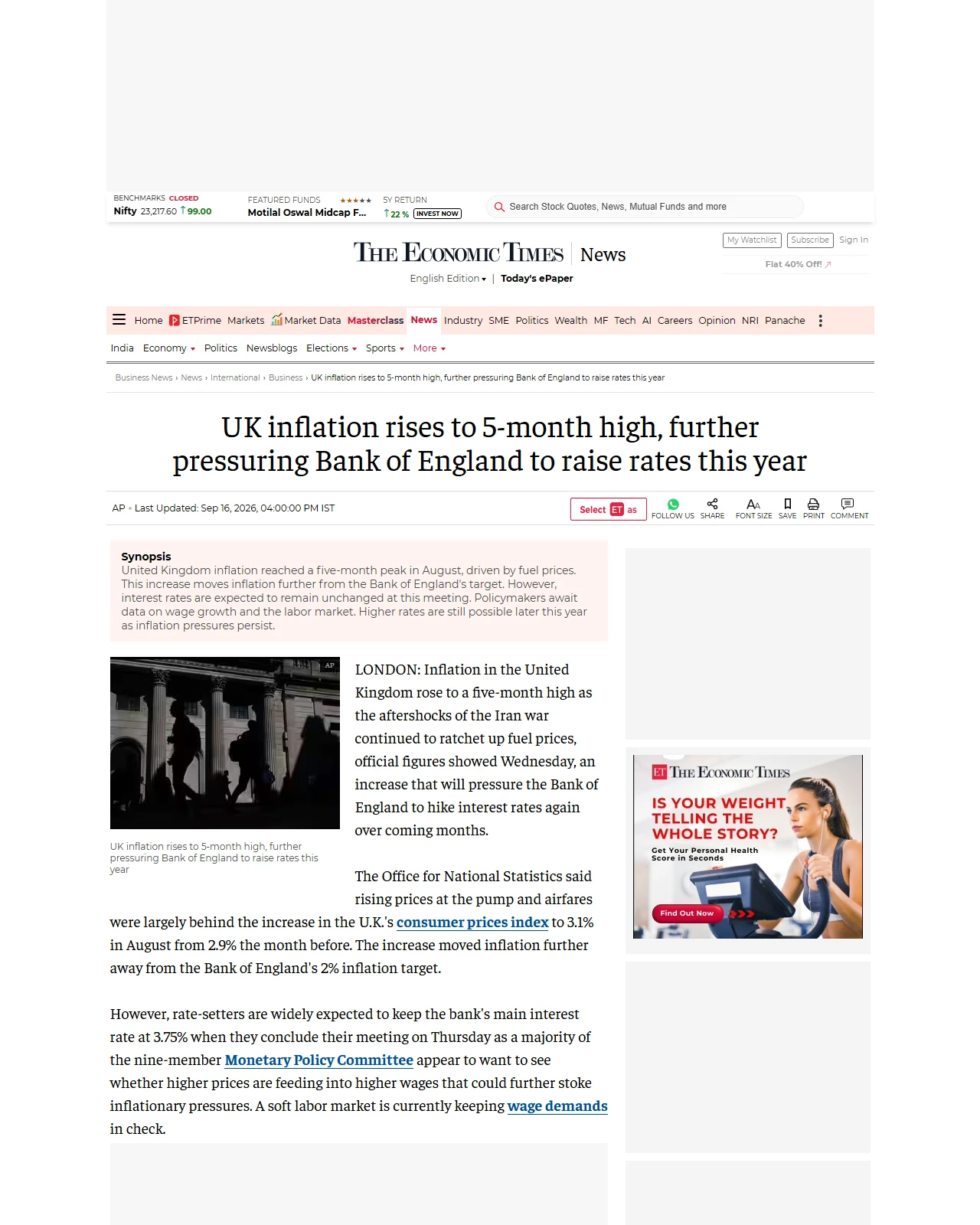 economictimes.com as published: UK inflation rises to 5-month high, further pressuring Bank of England to raise rates this year