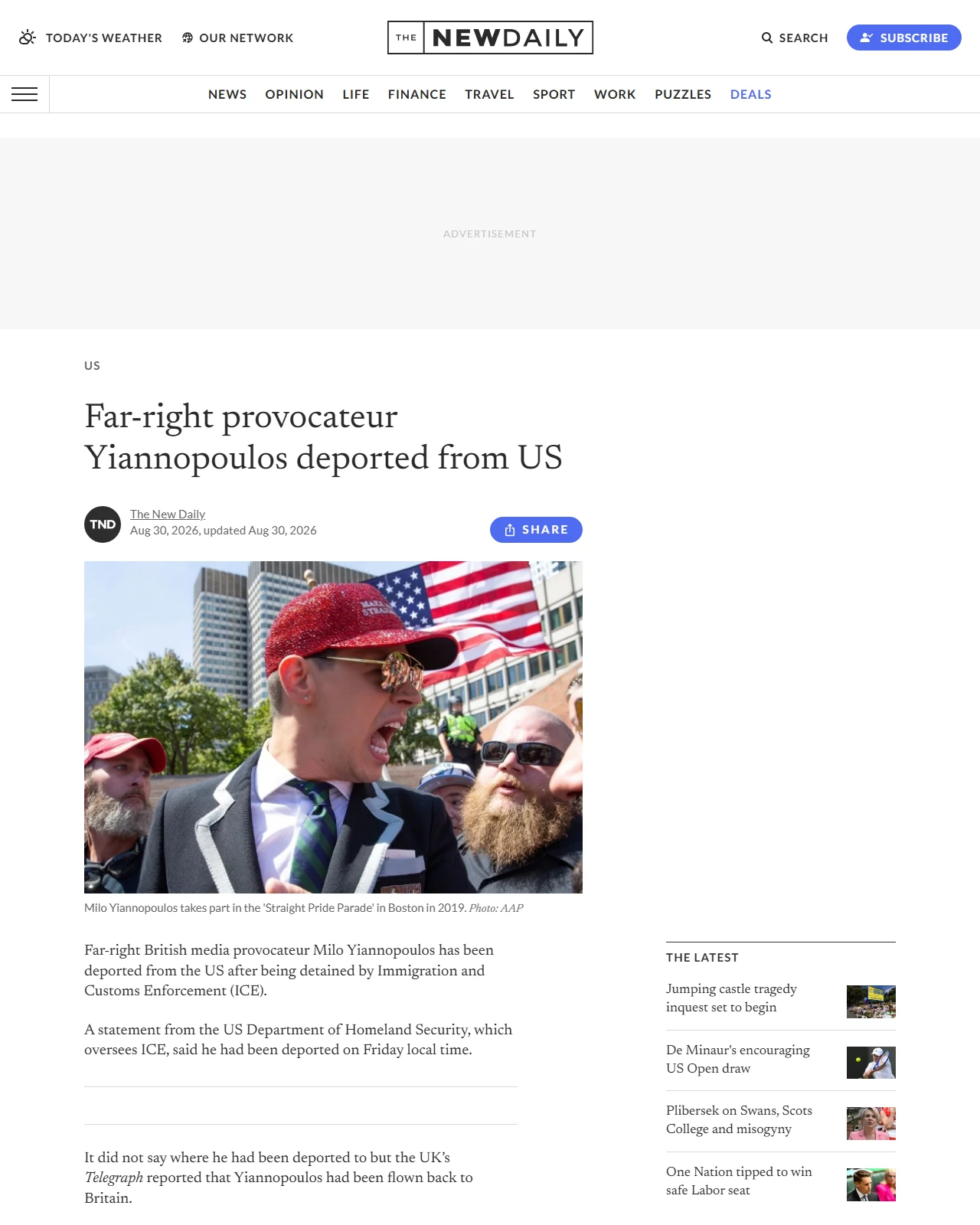 thenewdaily.com.au as published: Far-right provocateur Milo Yiannopoulos deported from US