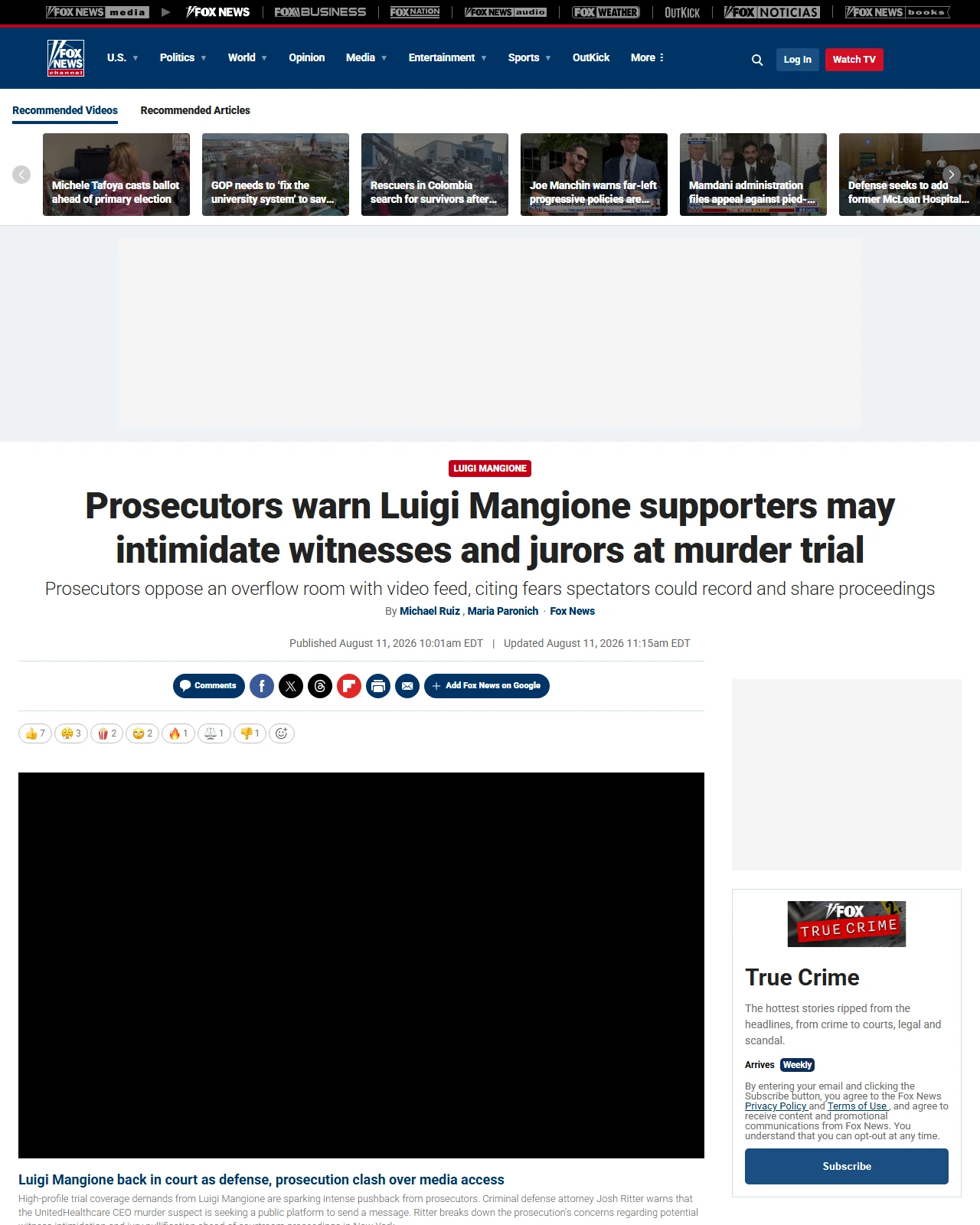 foxnews.com as published: Prosecutors warn Luigi Mangione supporters may intimidate witnesses and jurors at murder trial