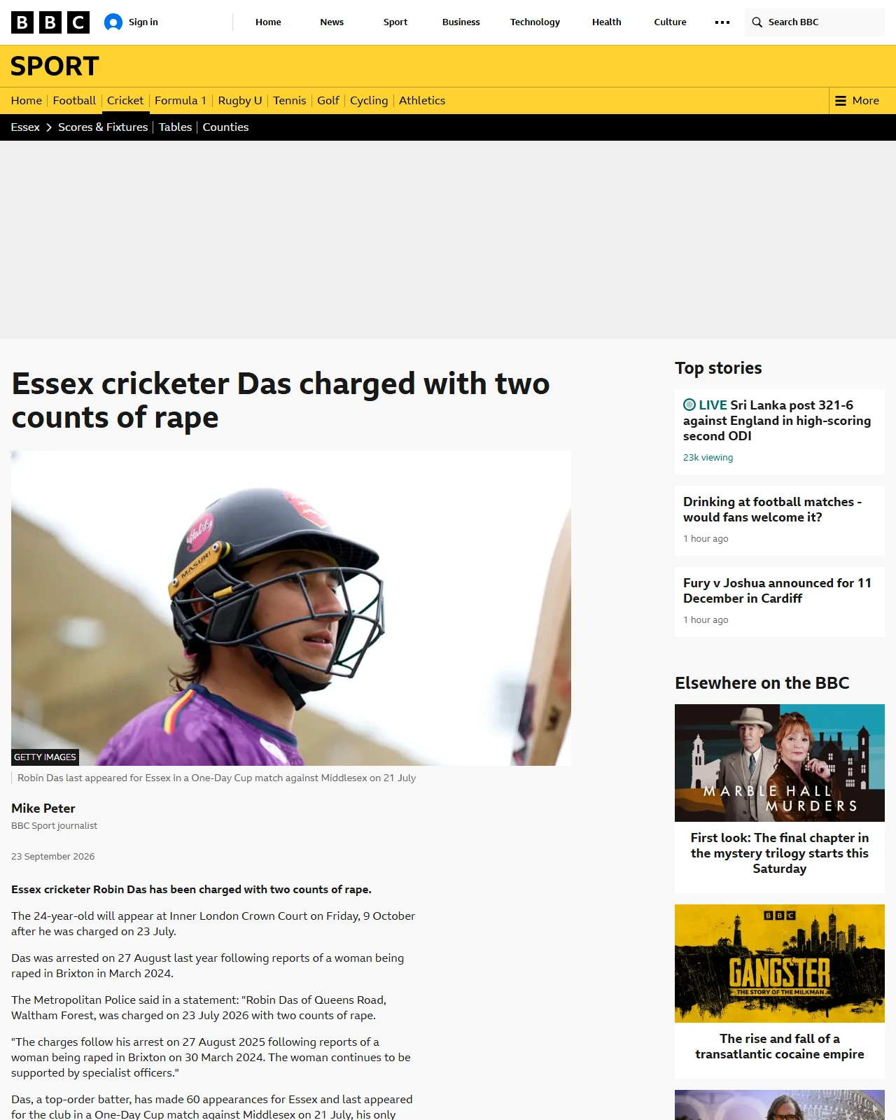 bbc.co.uk as published: Essex cricketer Das charged with two counts of rape