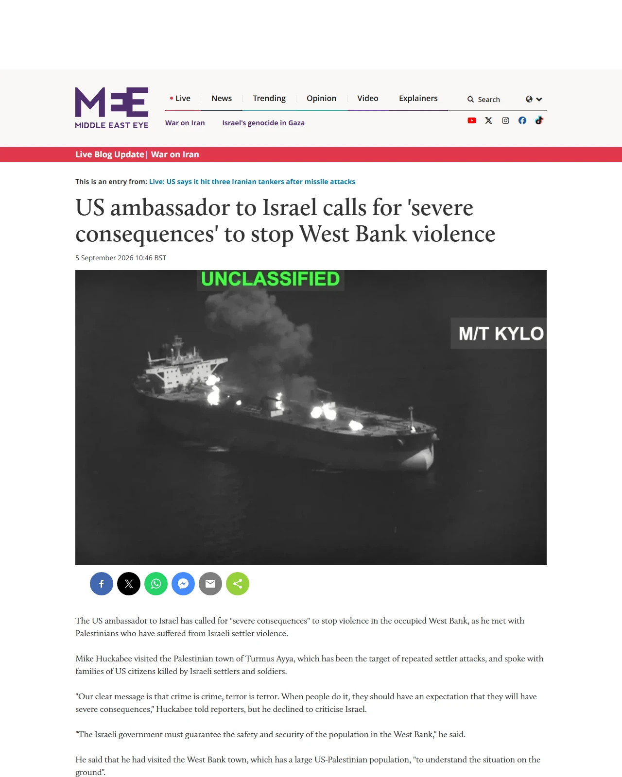 middleeasteye.net as published: US ambassador to Israel calls for 'severe consequences' to stop West Bank violence