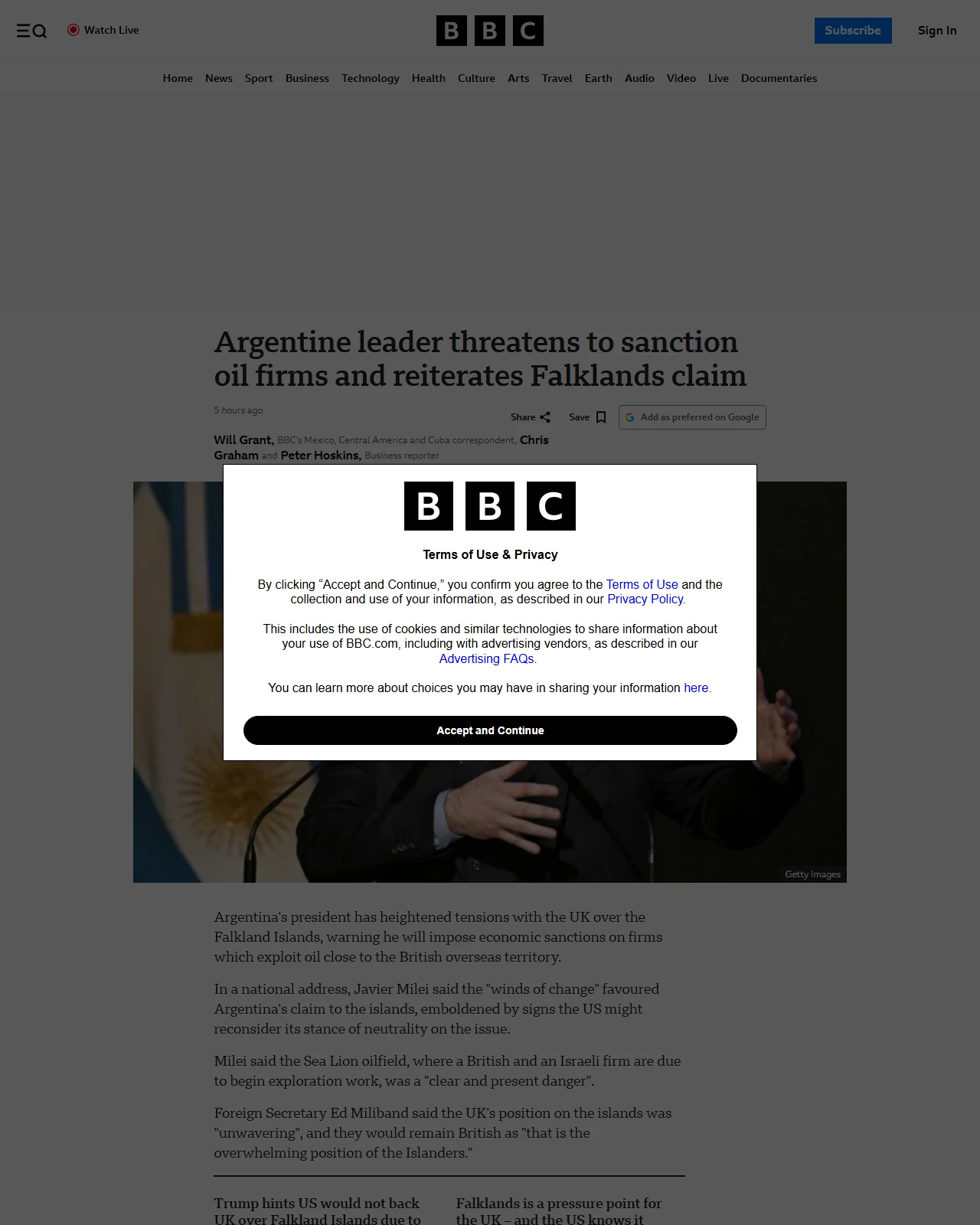 bbc.co.uk as published: Argentine leader threatens to sanction oil firms and reiterates Falklands claim