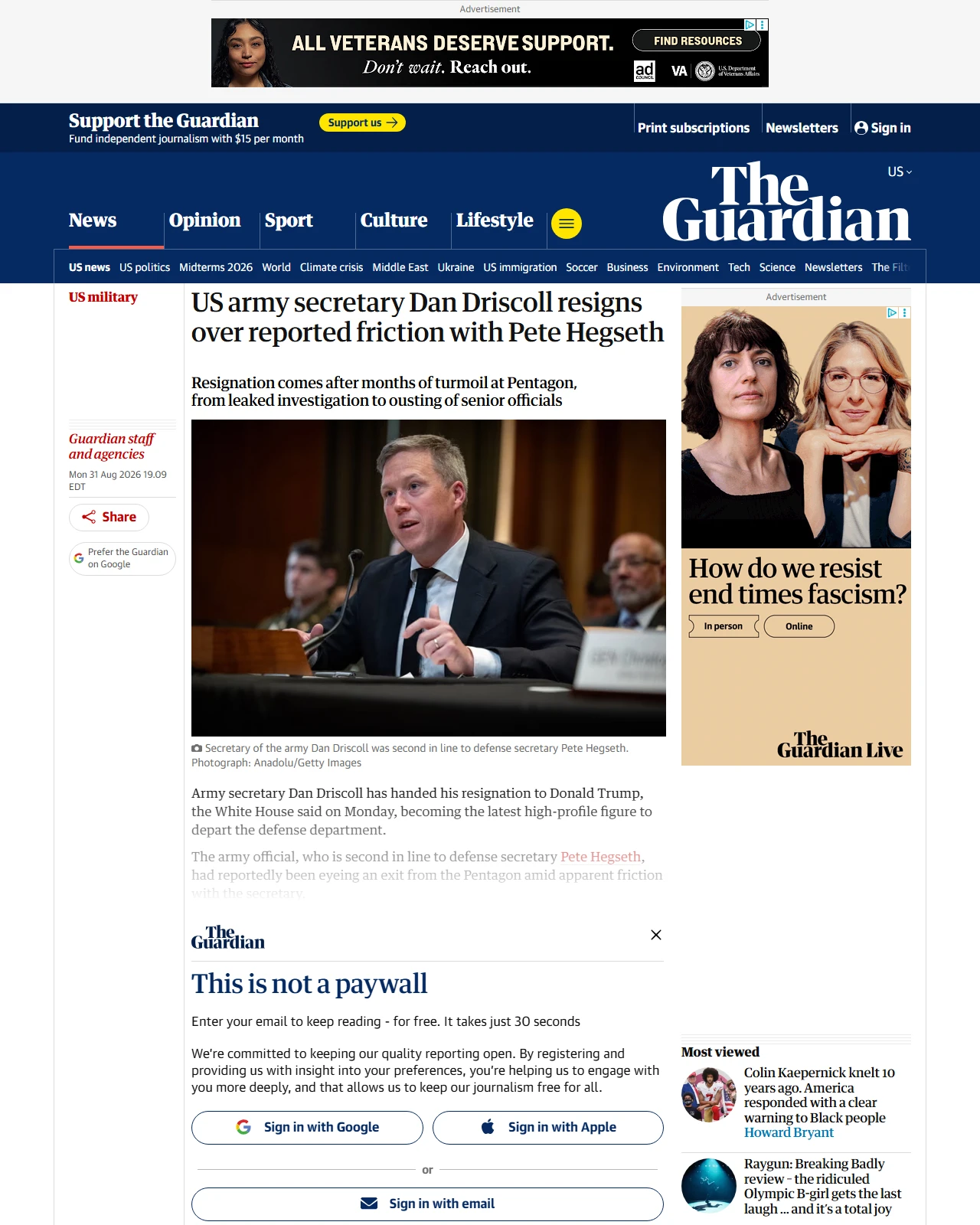 theguardian.com as published: US army secretary Dan Driscoll resigns over reported friction with Pete Hegseth