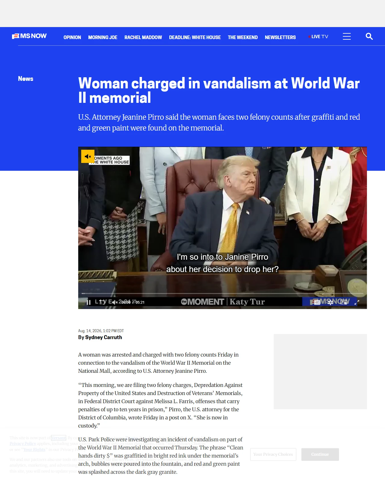ms.now as published: Woman charged in vandalism at World War II memorial