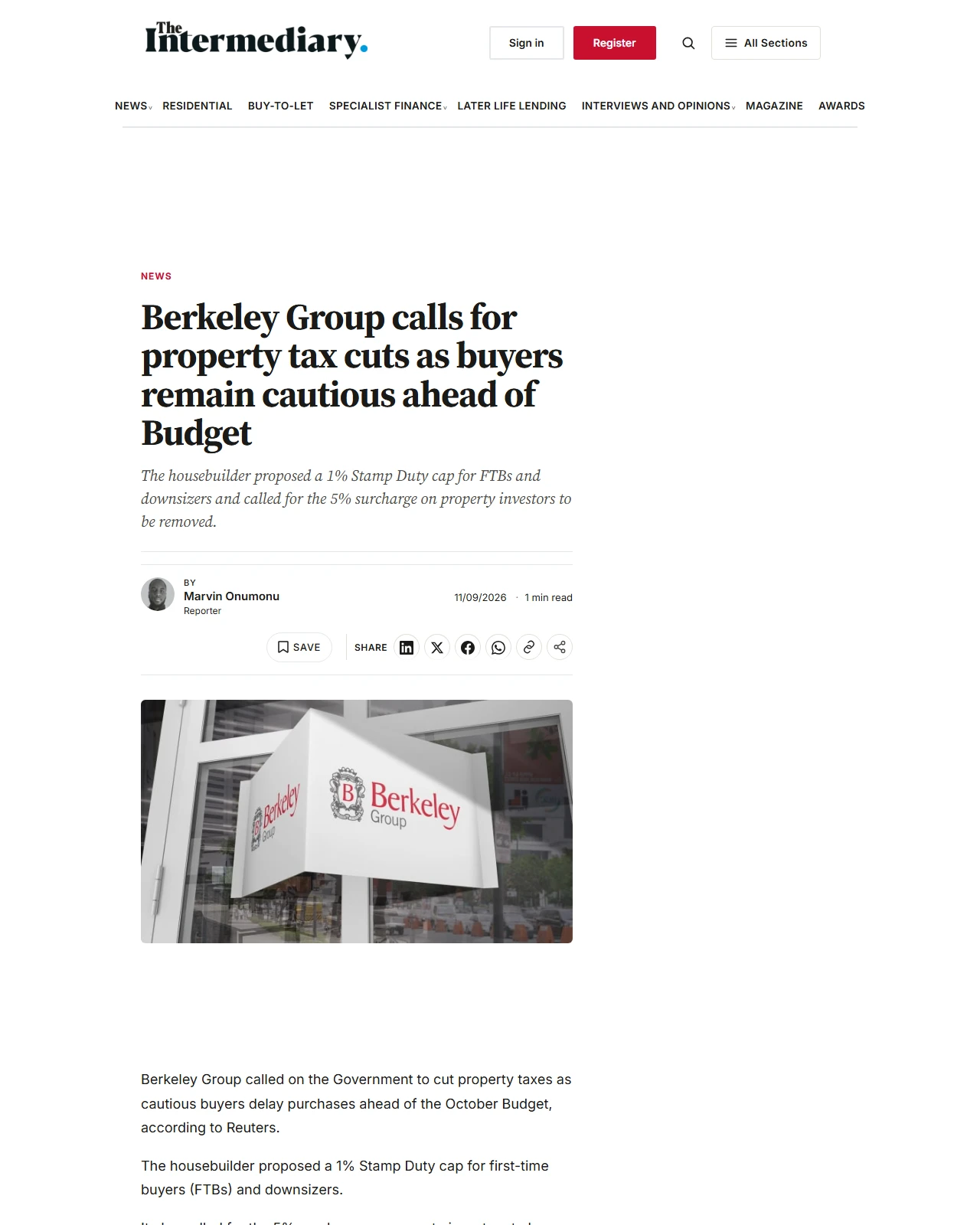 theintermediary.co.uk as published: Berkeley Group calls for property tax cuts as buyers remain cautious ahead of Budget