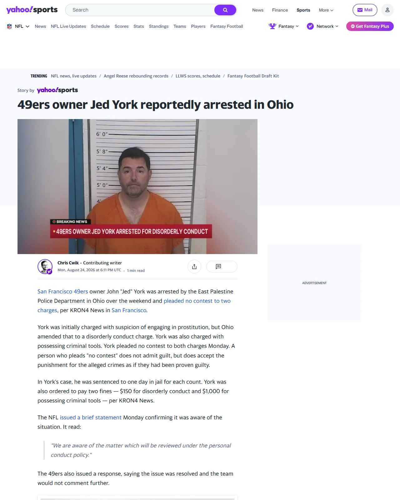 sports.yahoo.com as published: 49ers owner Jed York reportedly arrested in Ohio