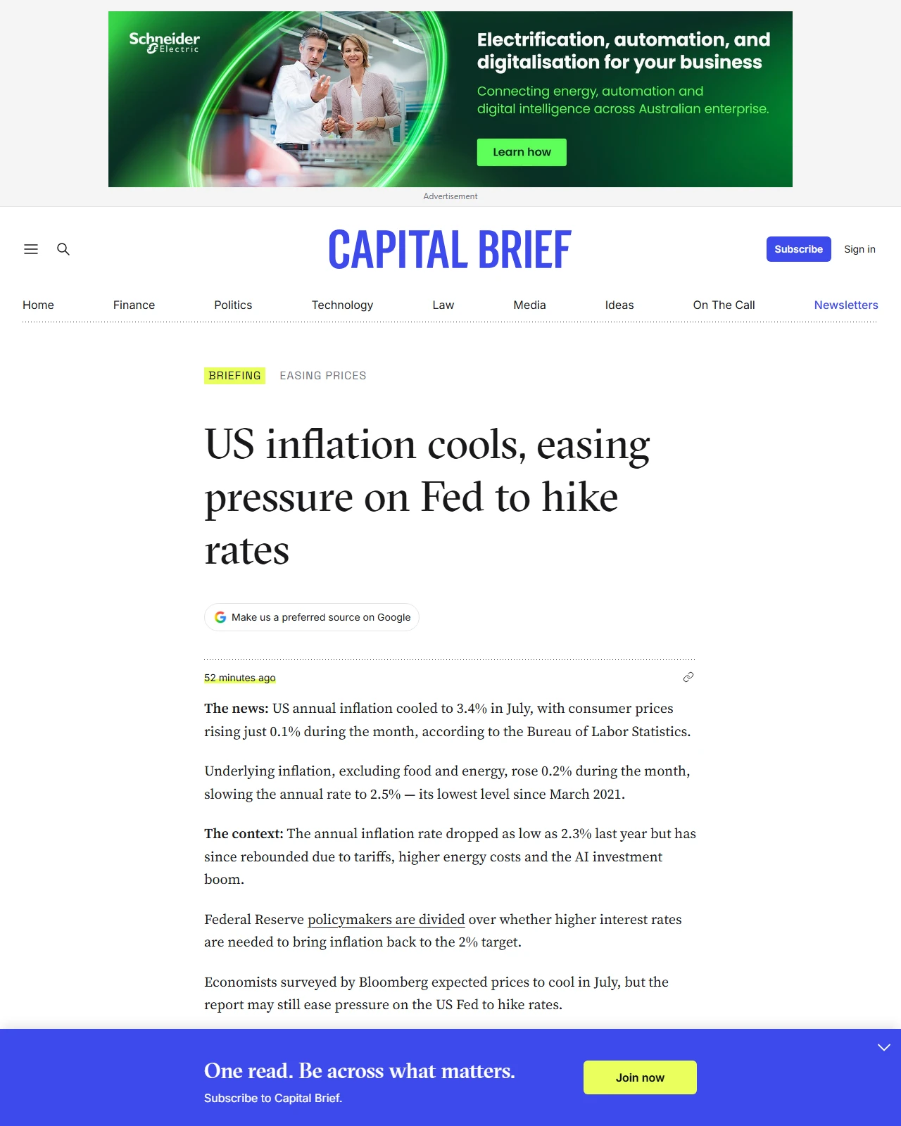 capitalbrief.com as published: US inflation cools, easing pressure on Fed to hike rates
