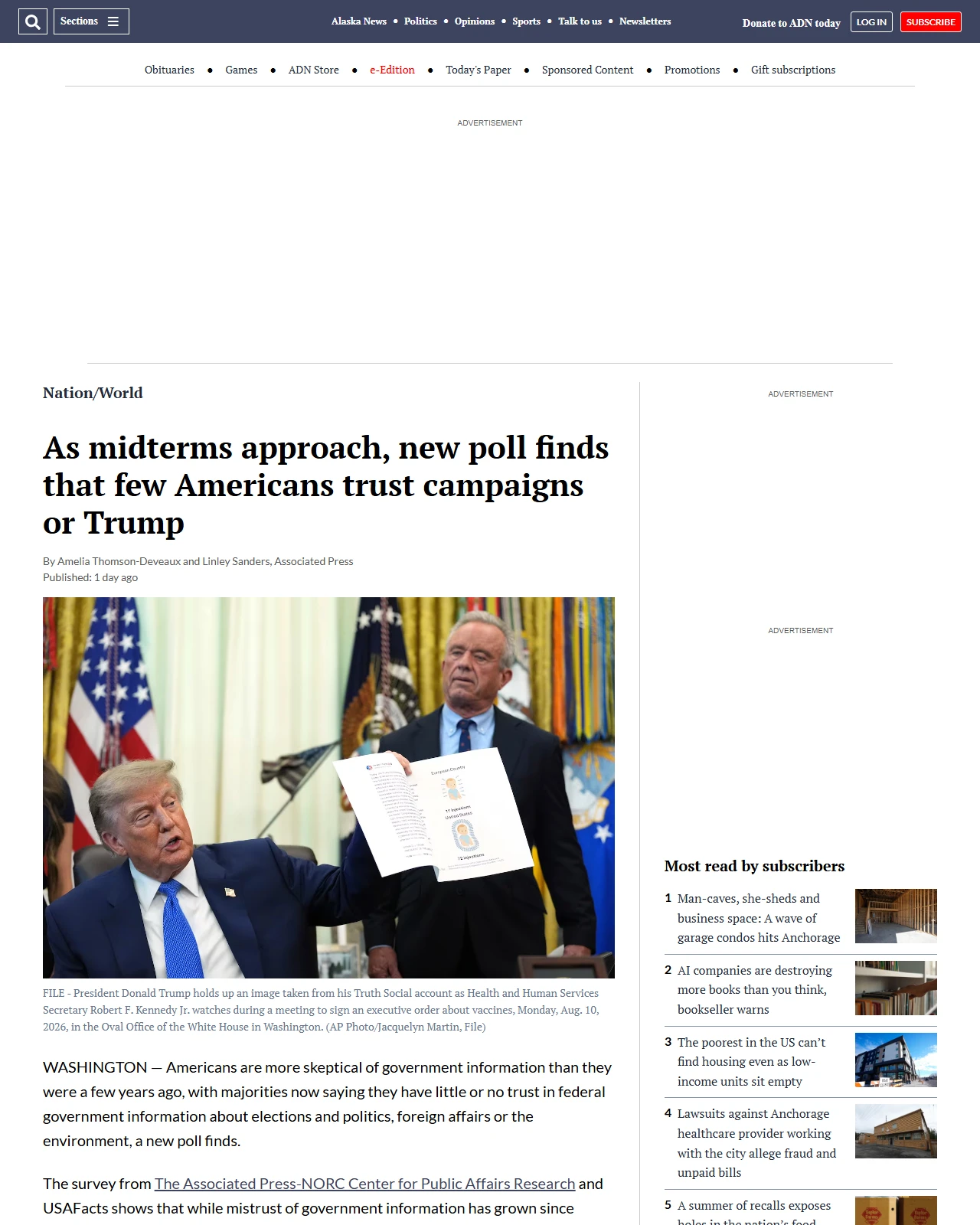 adn.com as published: As midterms approach, new poll finds that few Americans trust campaigns or Trump