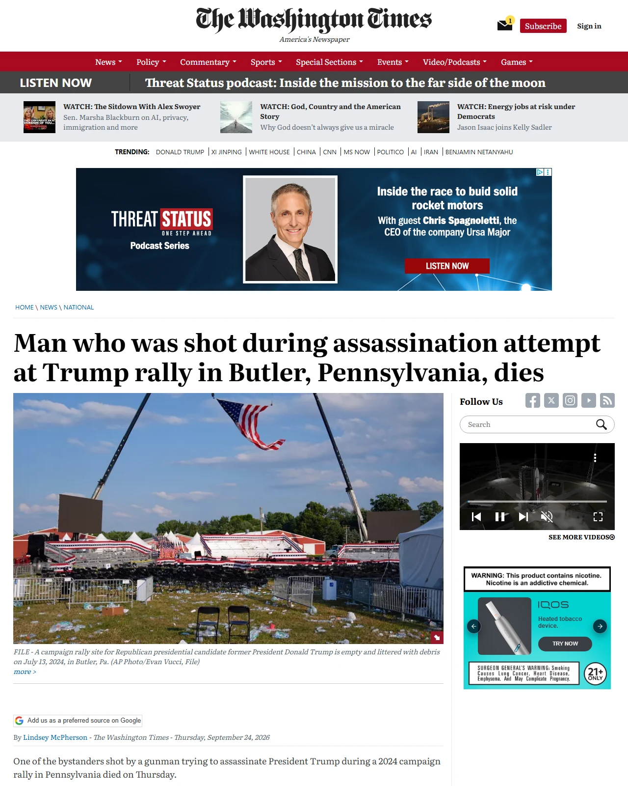 washingtontimes.com as published: Man who was shot during assassination attempt at Trump rally in Butler, Pennsylvania, dies