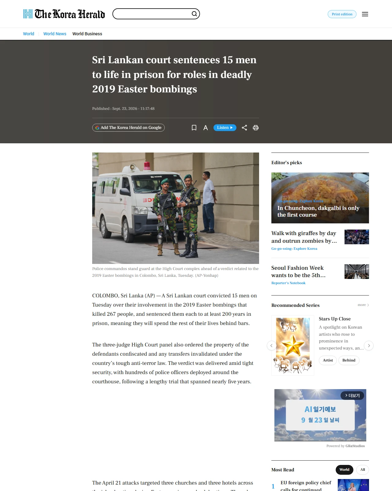 koreaherald.com as published: Sri Lankan court sentences 15 men to life in prison for roles in deadly 2019 Easter bombings