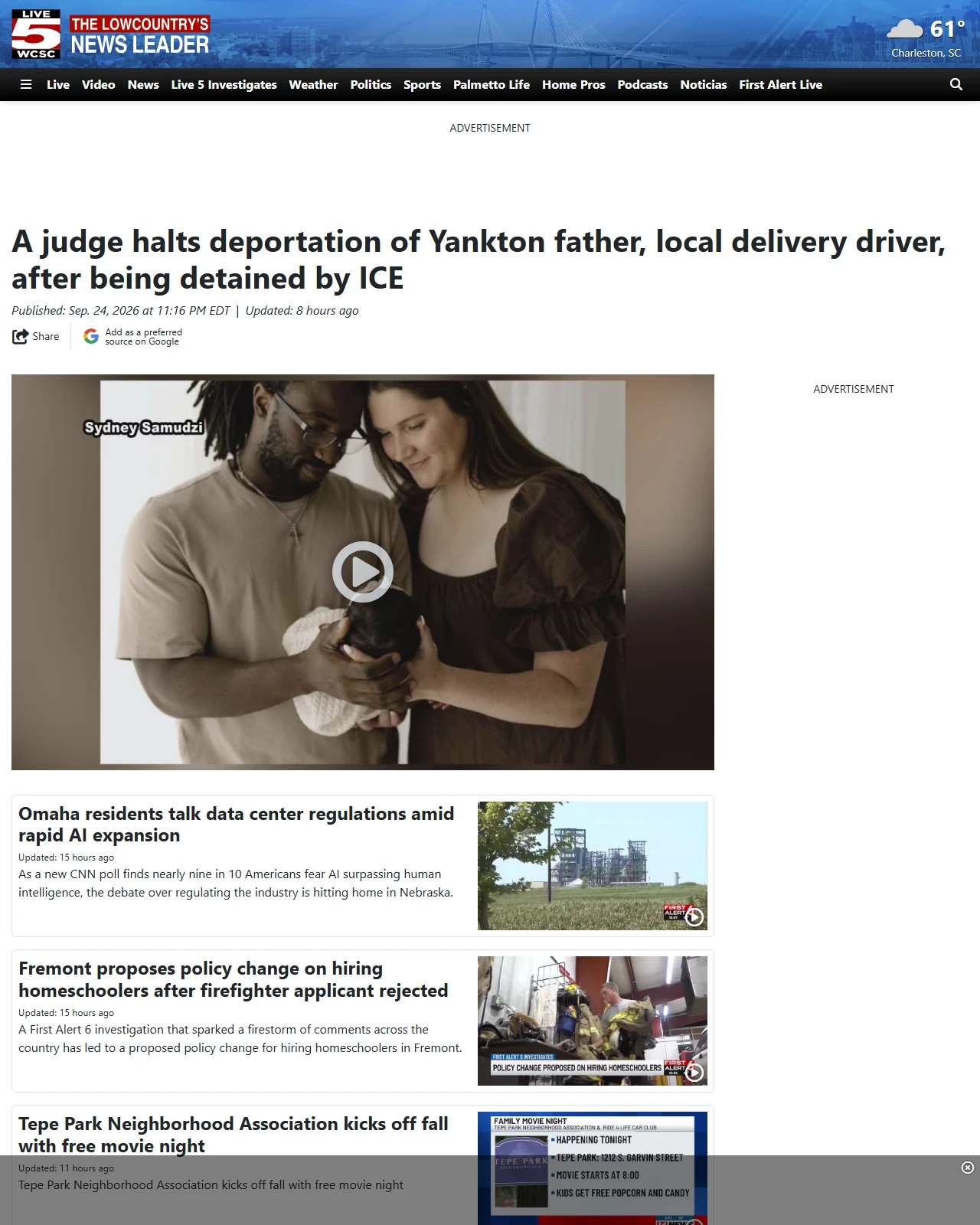 live5news.com as published: A judge halts deportation of Yankton father, local delivery driver, after being detained by ICE