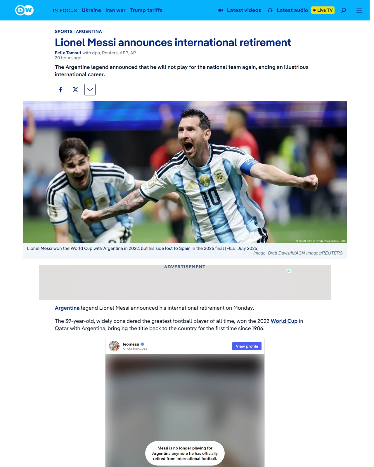 dw.com as published: Lionel Messi announces retirement from international football