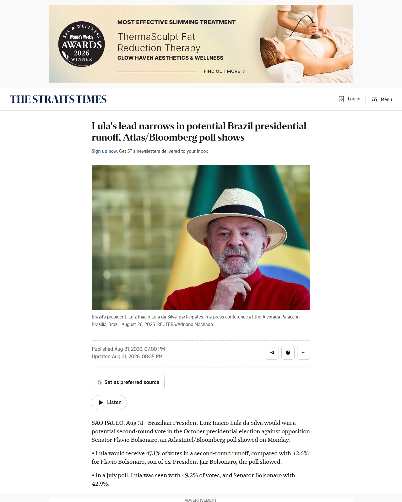straitstimes.com as published: Lula's lead narrows in potential Brazil presidential runoff, Atlas/Bloomberg poll shows
