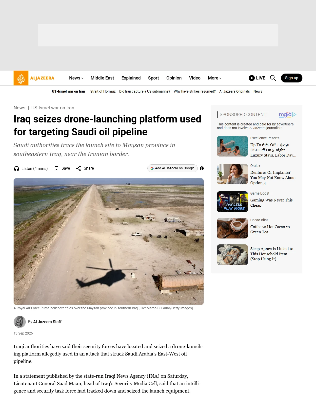aljazeera.com as published: Iraq seizes drone-launching platform used for targeting Saudi oil pipeline