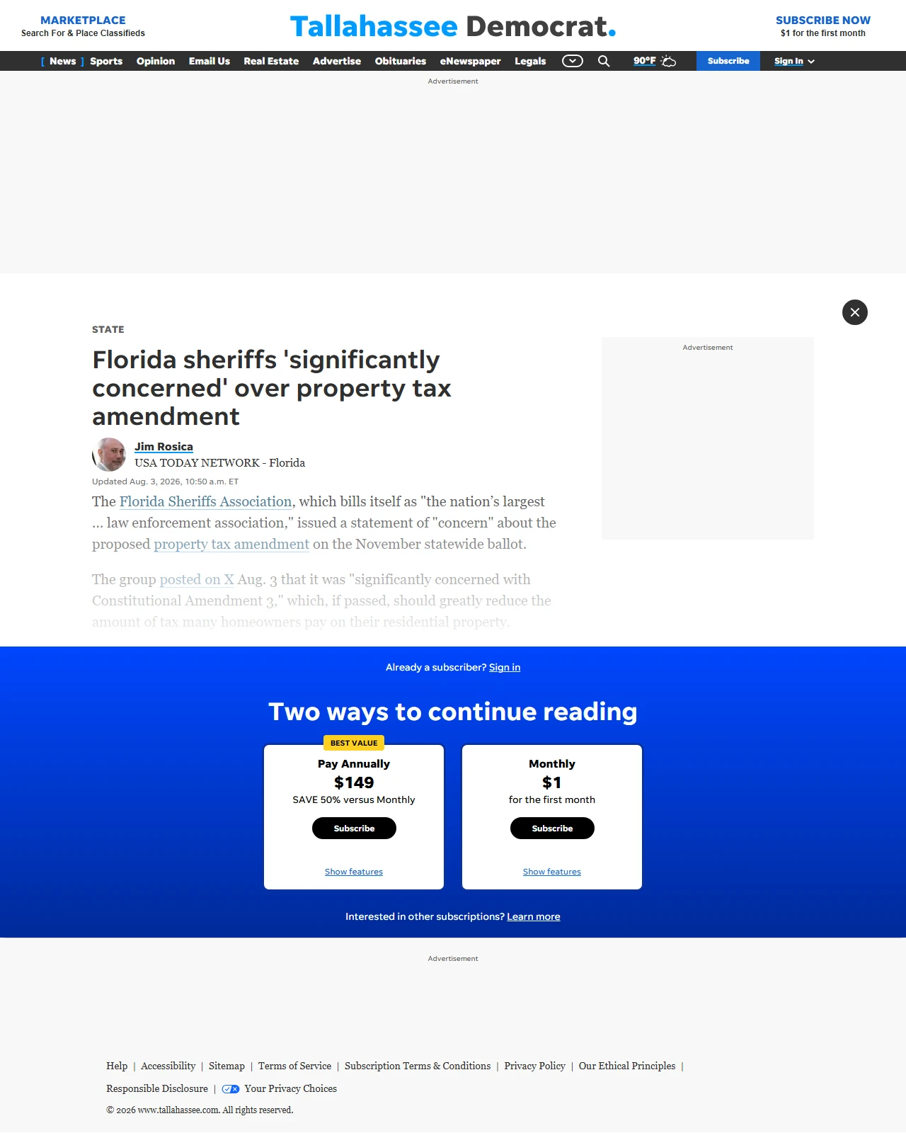 tallahassee.com as published: Florida sheriffs 'significantly concerned' over property tax amendment