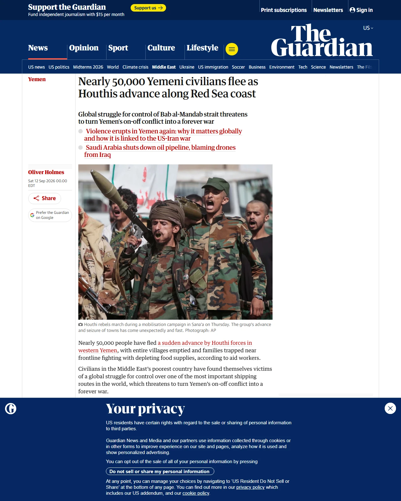 theguardian.com as published: Nearly 50,000 Yemeni civilians flee as Houthis advance along Red Sea coast