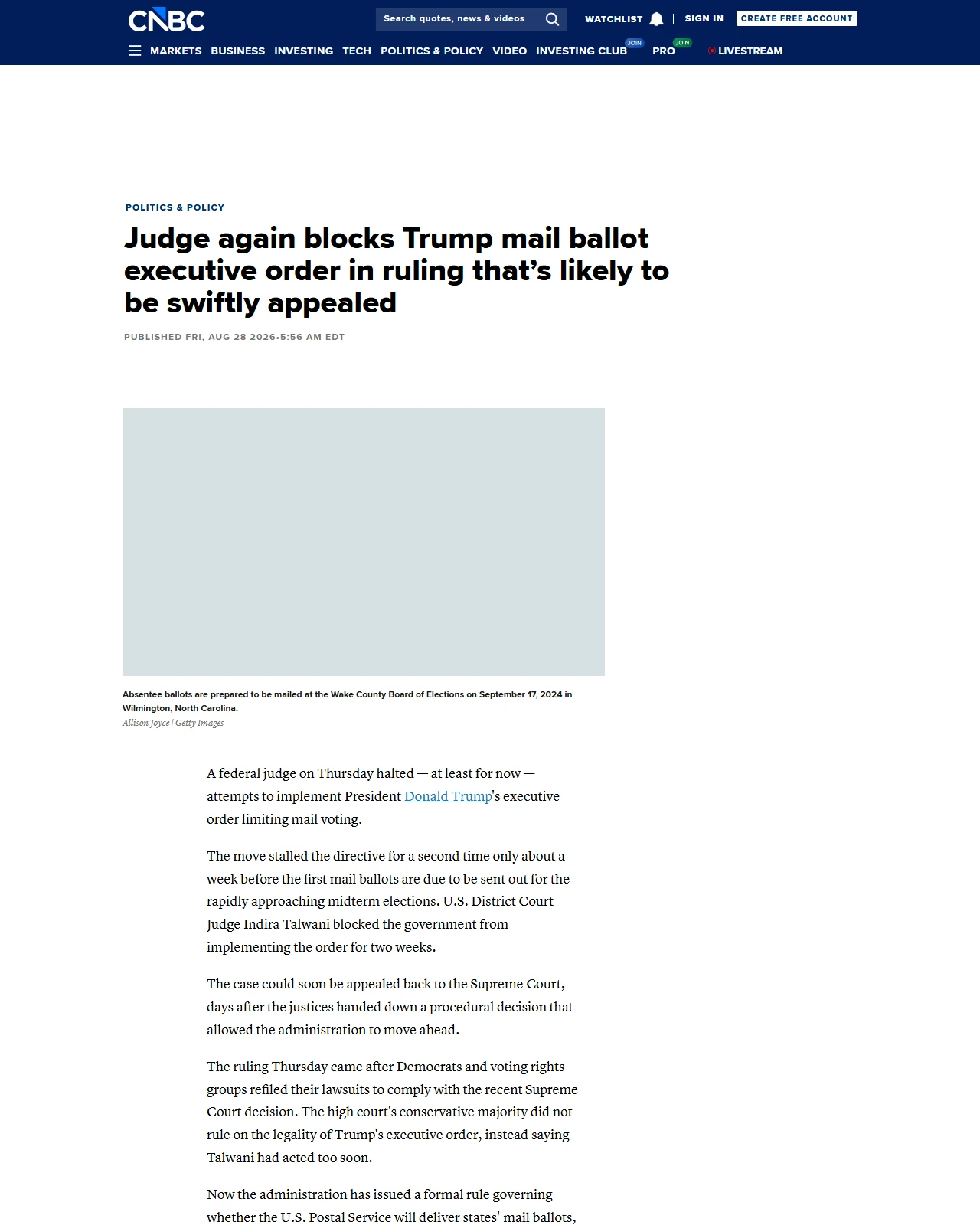 cnbc.com as published: Judge again blocks Trump mail ballot executive order in ruling that’s likely to be swiftly appealed