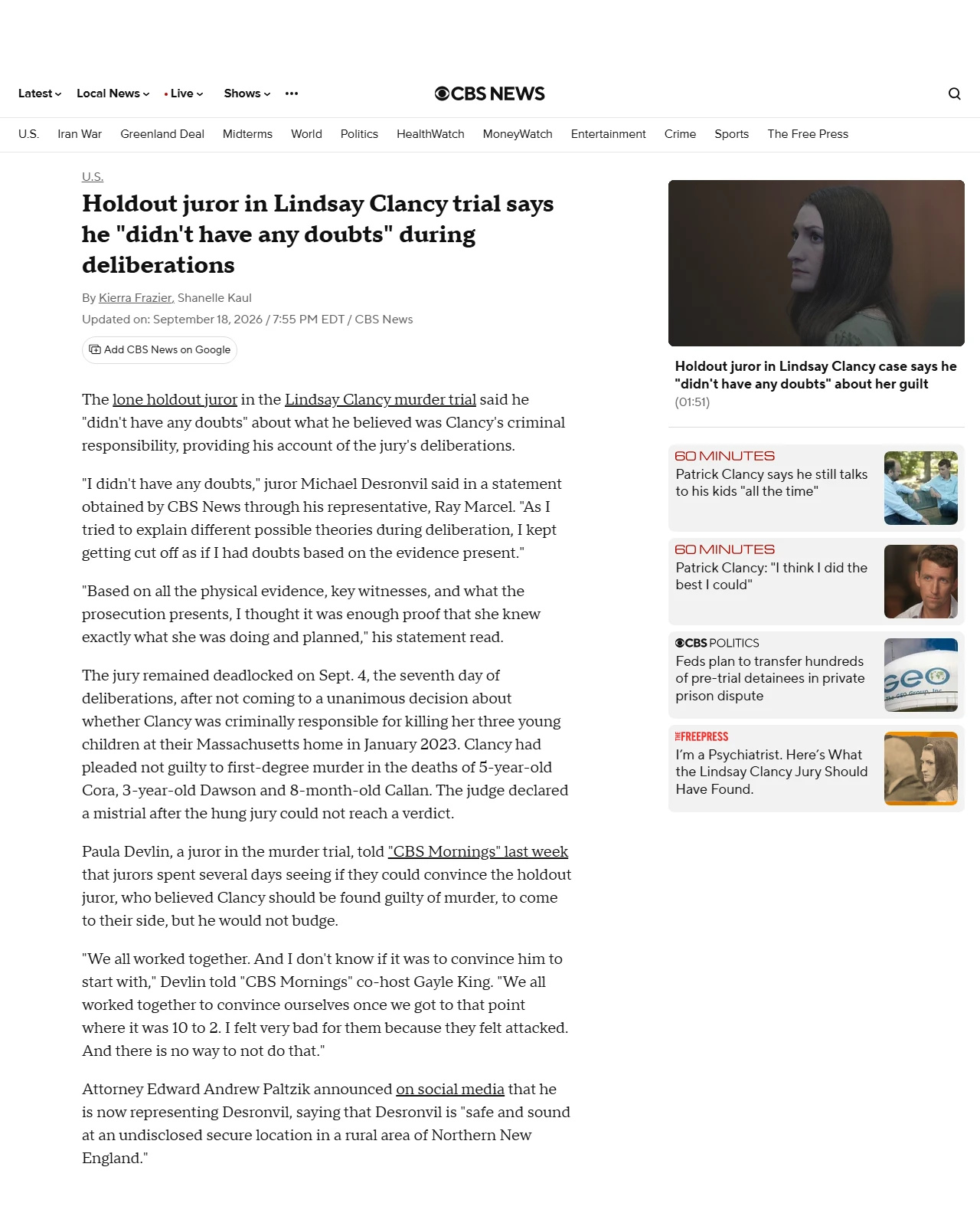 cbsnews.com as published: Holdout juror in Lindsay Clancy trial says he "didn't have any doubts"