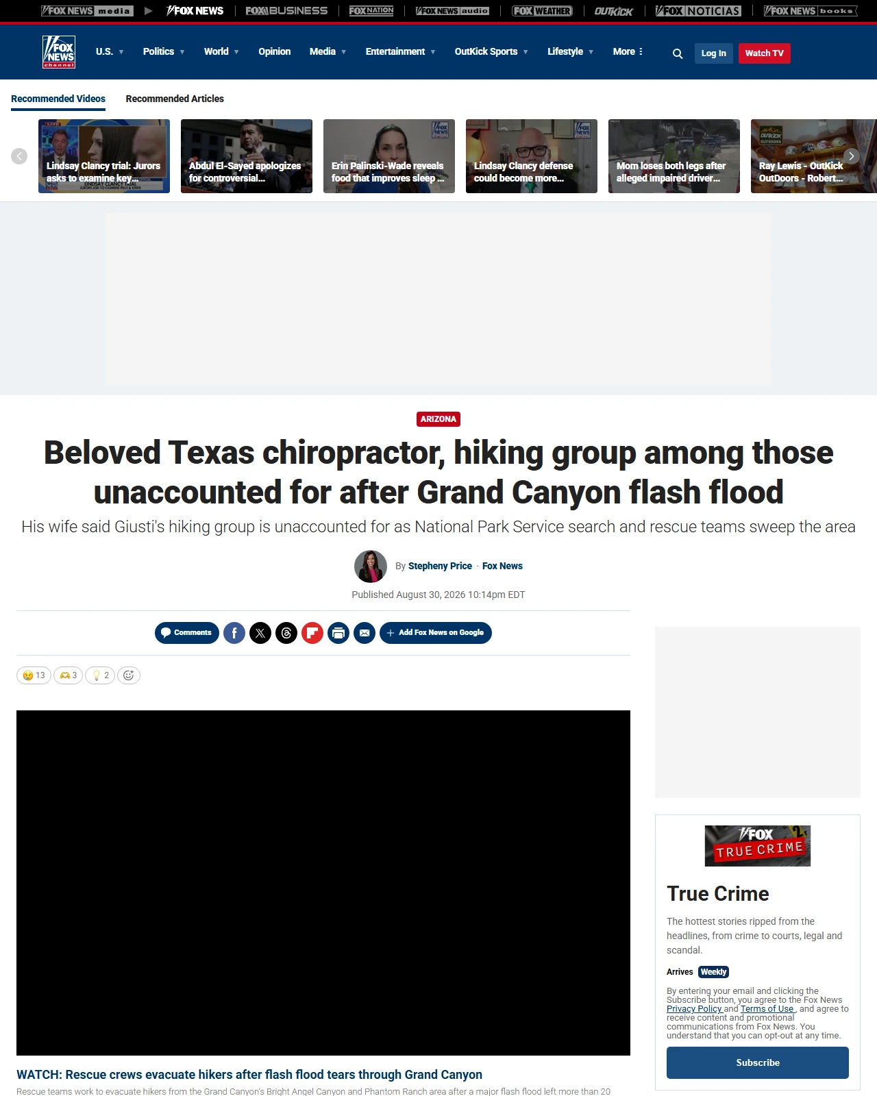 foxnews.com as published: Beloved Texas chiropractor, hiking group among those unaccounted for after Grand Canyon flash flood