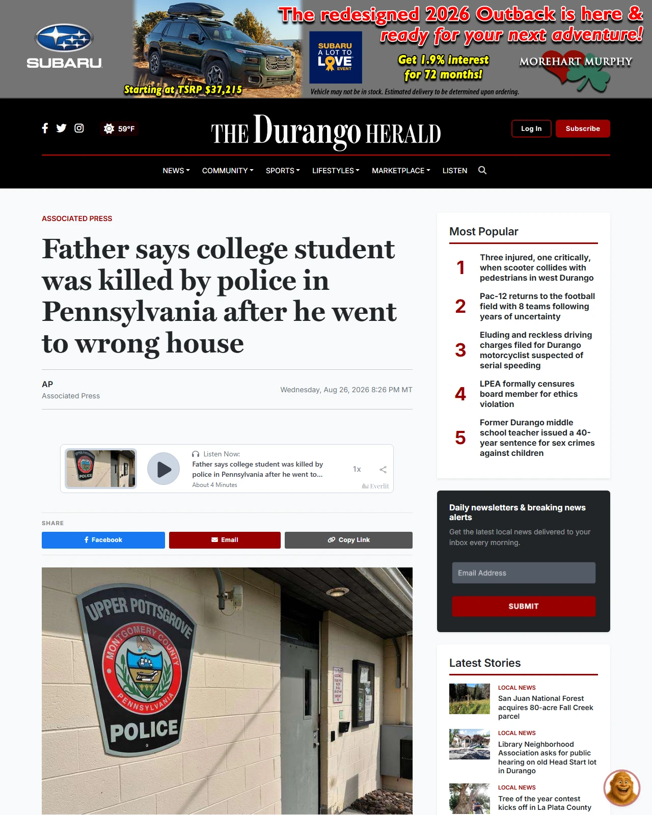 durangoherald.com as published: Father says college student was killed by police in Pennsylvania after he went to wrong house
