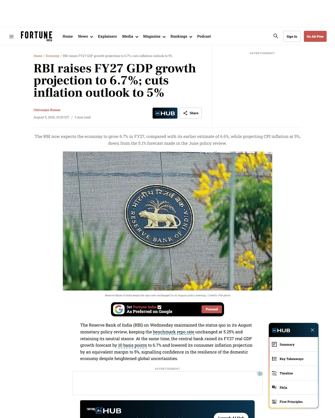 fortuneindia.com as published: RBI raises FY27 GDP growth projection to 6.7%; cuts inflation outlook to 5%