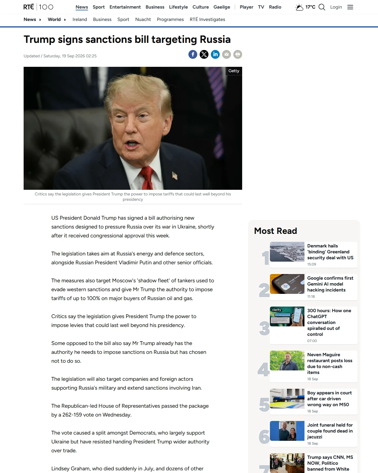 rte.ie as published: Trump signs sanctions bill targeting Russia