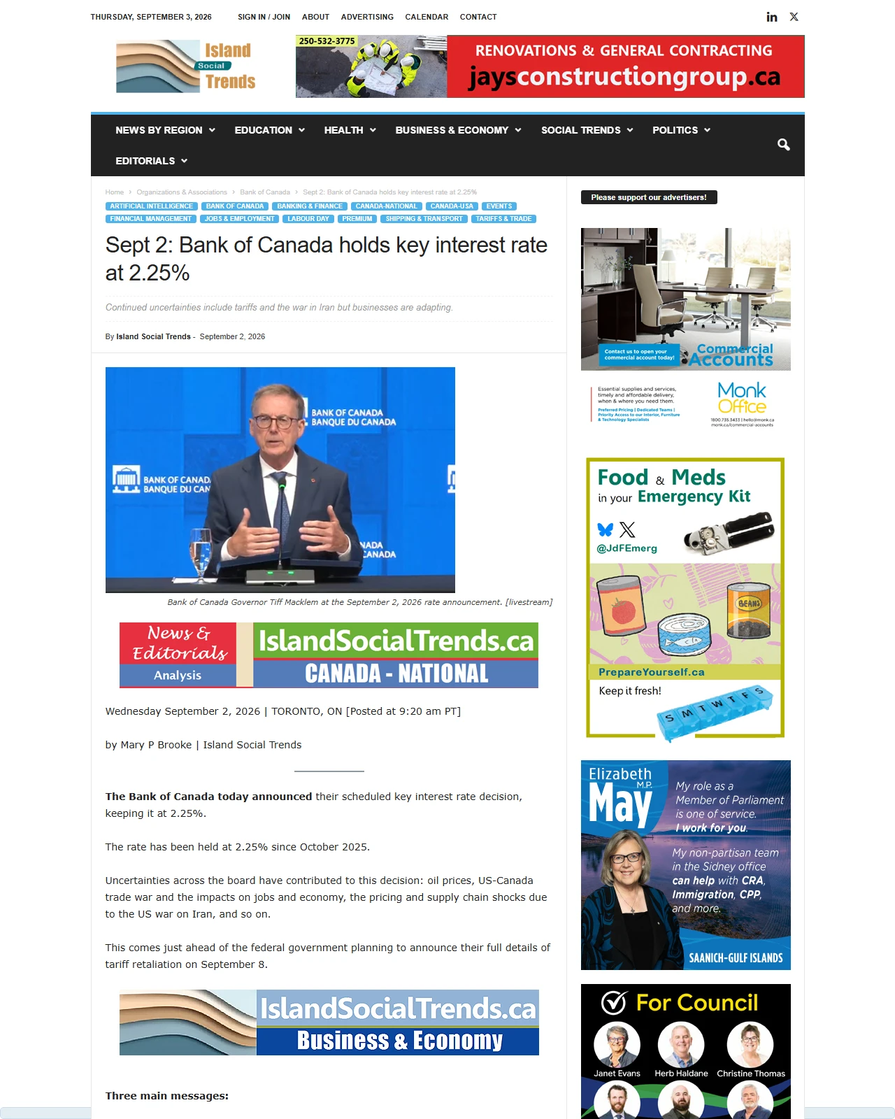islandsocialtrends.ca as published: Sept 2: Bank of Canada holds key interest rate at 2.25%