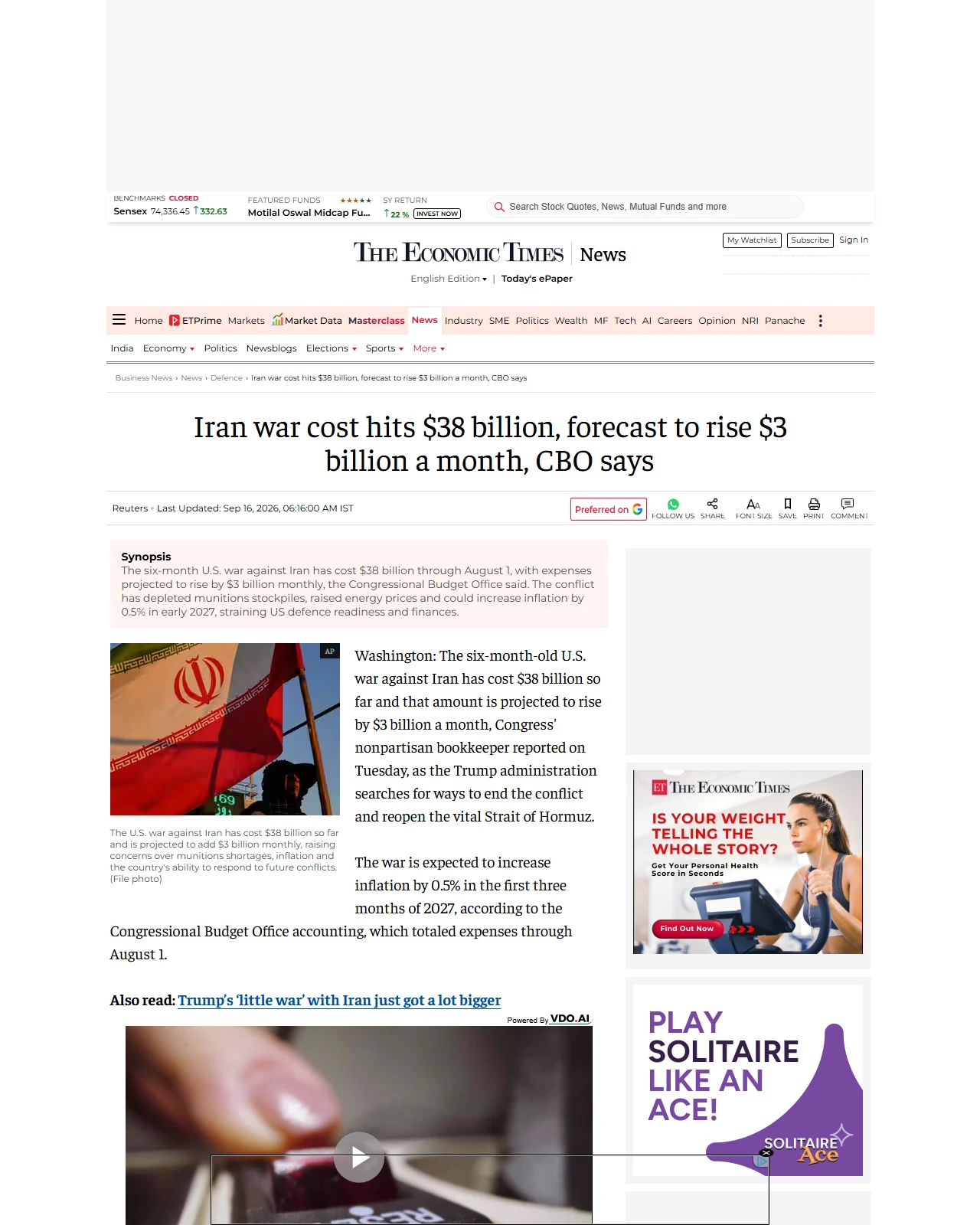 economictimes.indiatimes.com as published: Iran war cost hits $38 billion, forecast to rise $3 billion a month, CBO says