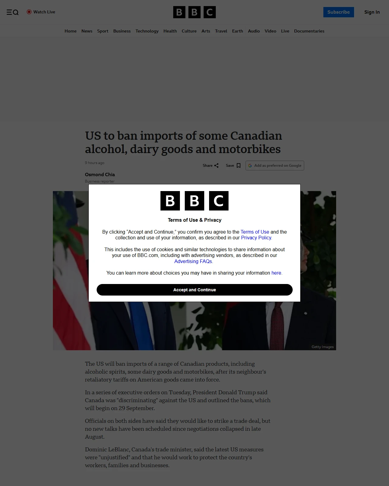 bbc.co.uk as published: US to ban imports of some Canadian alcohol, dairy goods and motorbikes