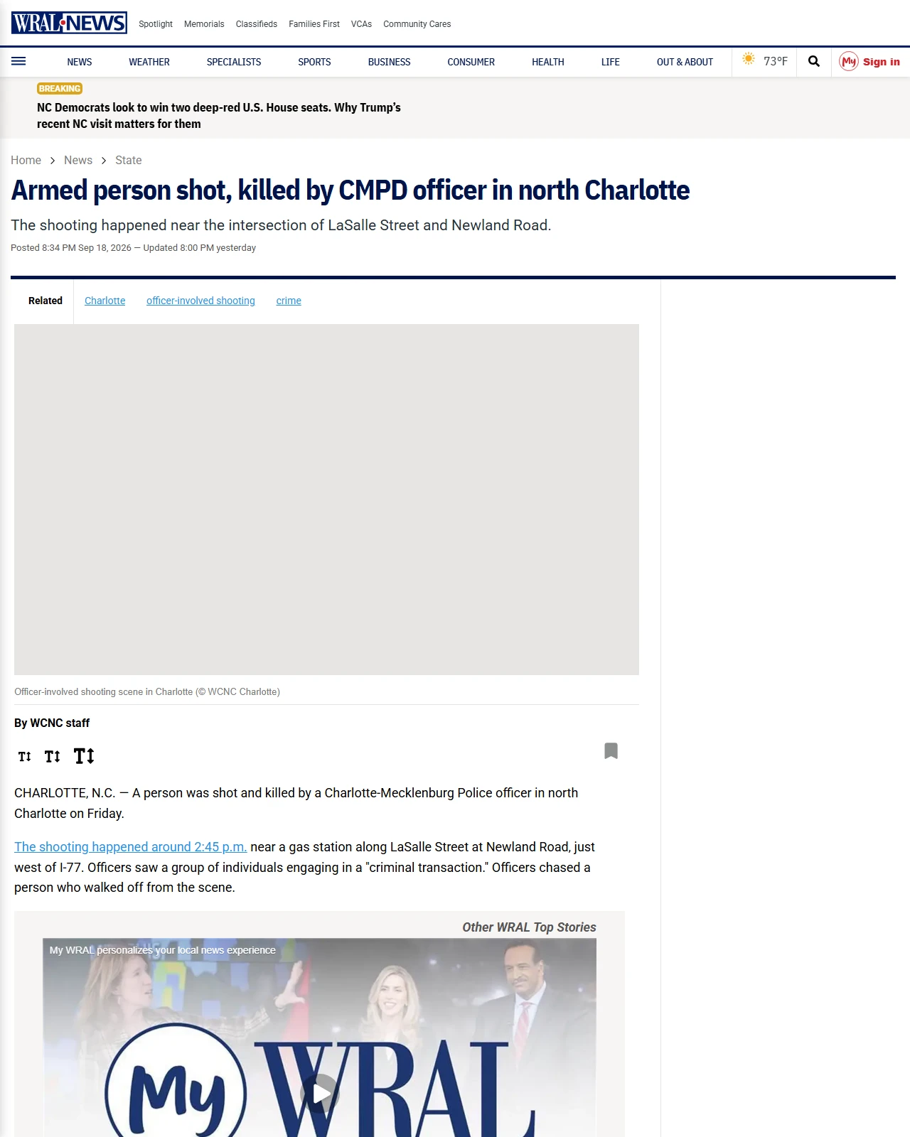 wral.com as published: Armed person shot, killed by CMPD officer in north Charlotte