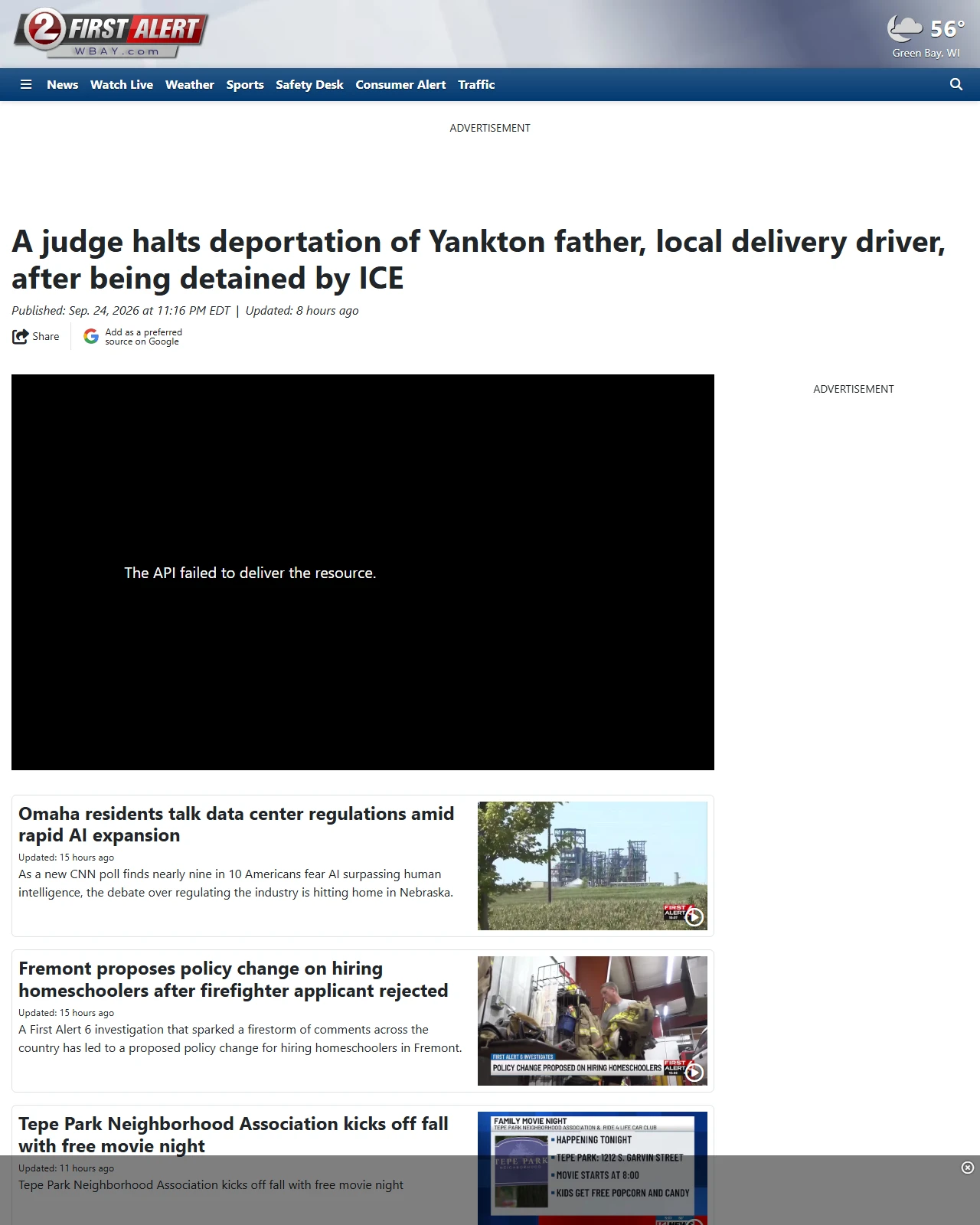 wbay.com as published: A judge halts deportation of Yankton father, local delivery driver, after being detained by ICE