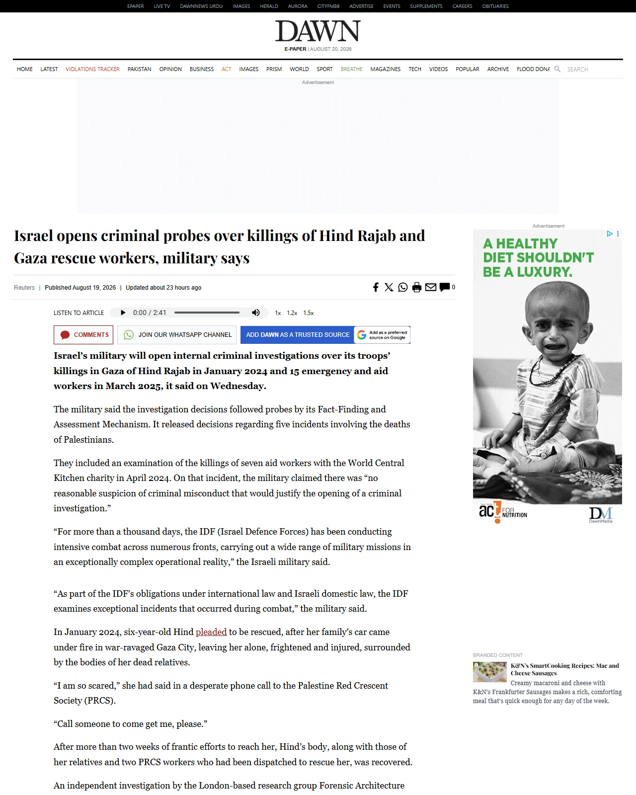 dawn.com as published: Israel opens criminal probes over killings of Hind Rajab and Gaza rescue workers, military says