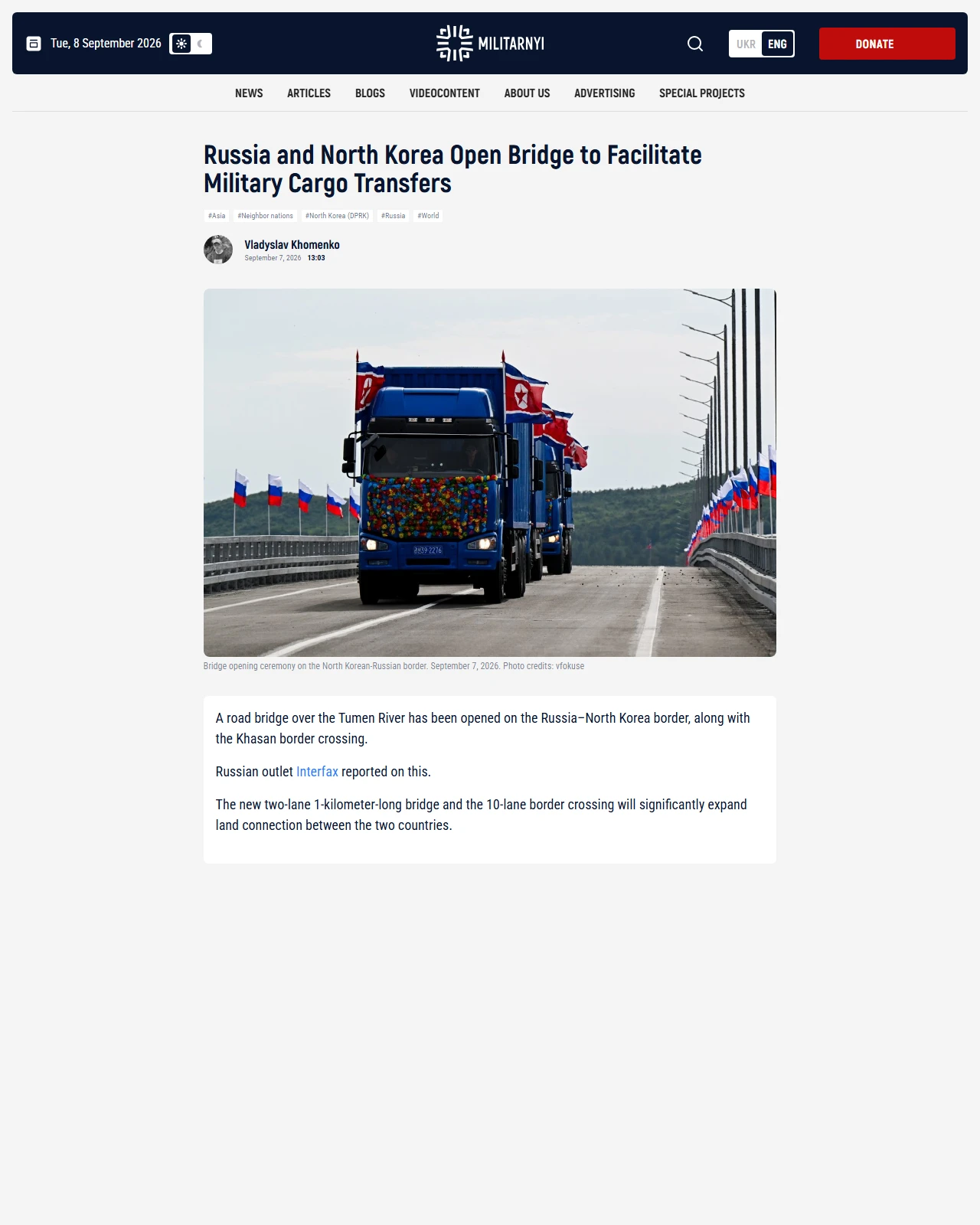 militarnyi.com as published: Russia and North Korea Open Bridge to Facilitate Military Cargo Transfers