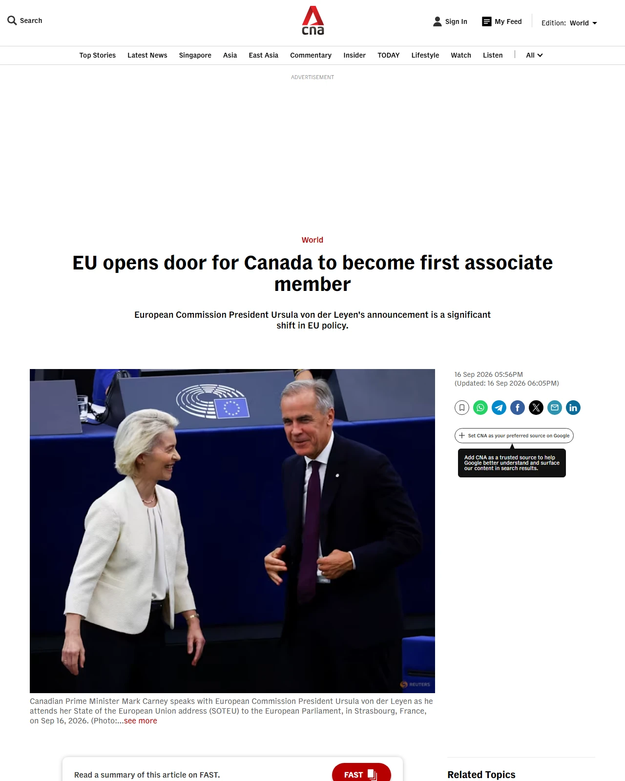 channelnewsasia.com as published: EU opens door for Canada to become first associate member