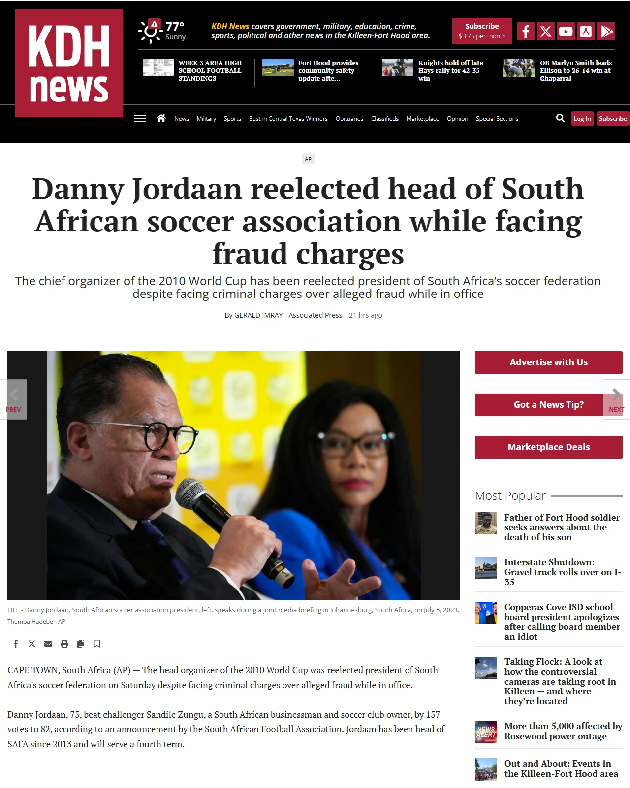 kdhnews.com as published: Danny Jordaan reelected head of South African soccer association while facing fraud charges