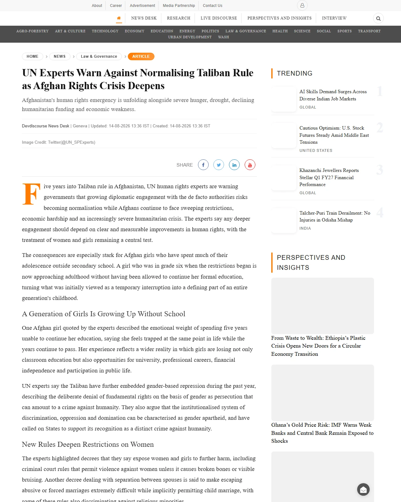devdiscourse.com as published: UN Experts Warn Against Normalising Taliban Rule as Afghan Rights Crisis Deepens