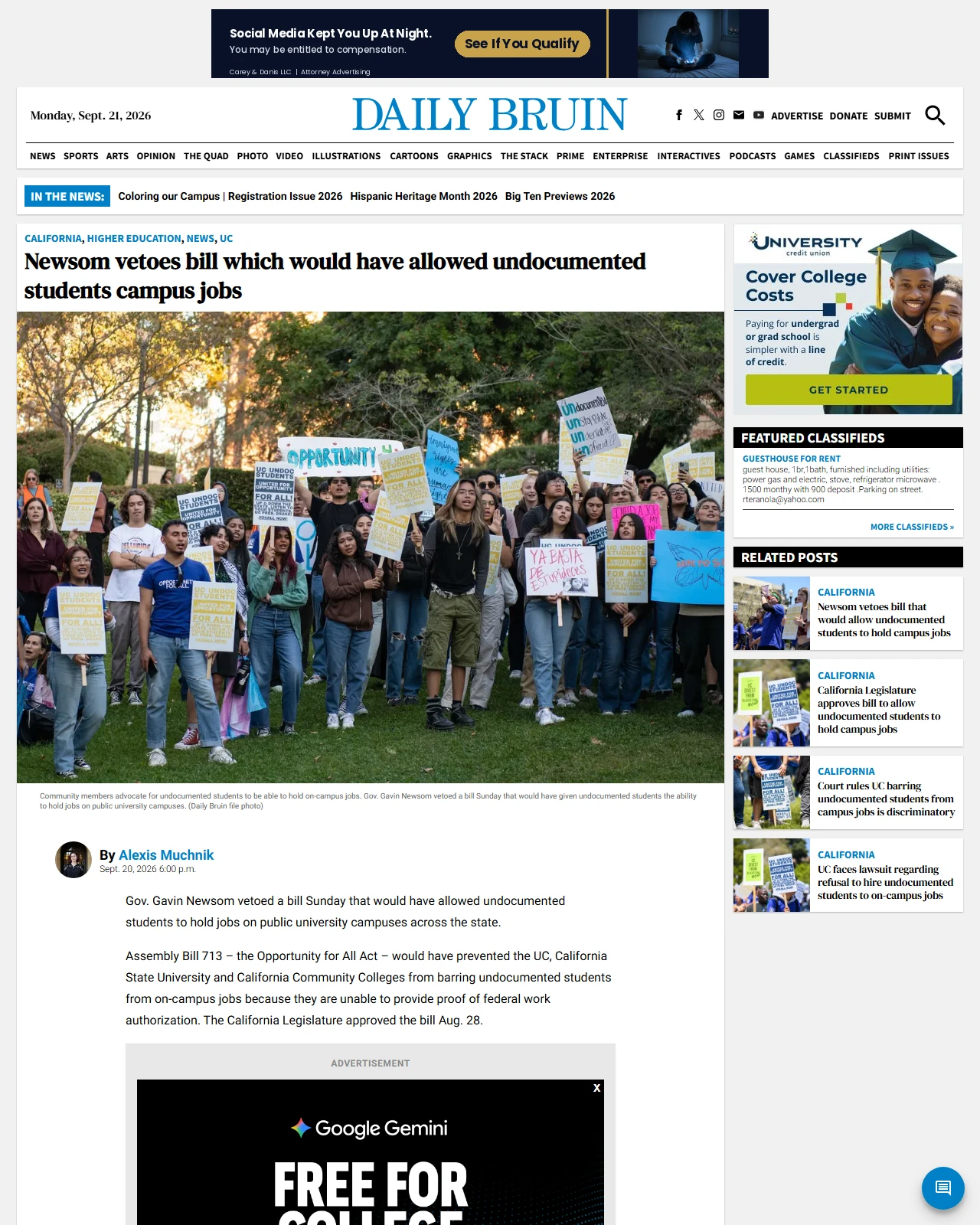 dailybruin.com as published: Newsom vetoes bill which would have allowed undocumented students campus jobs