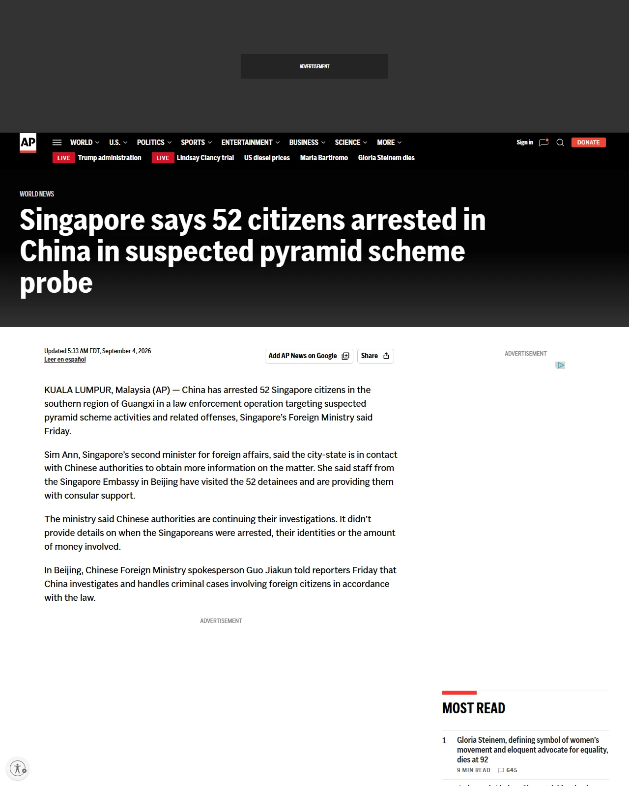 apnews.com as published: Singapore says 52 citizens arrested in China in suspected pyramid scheme probe