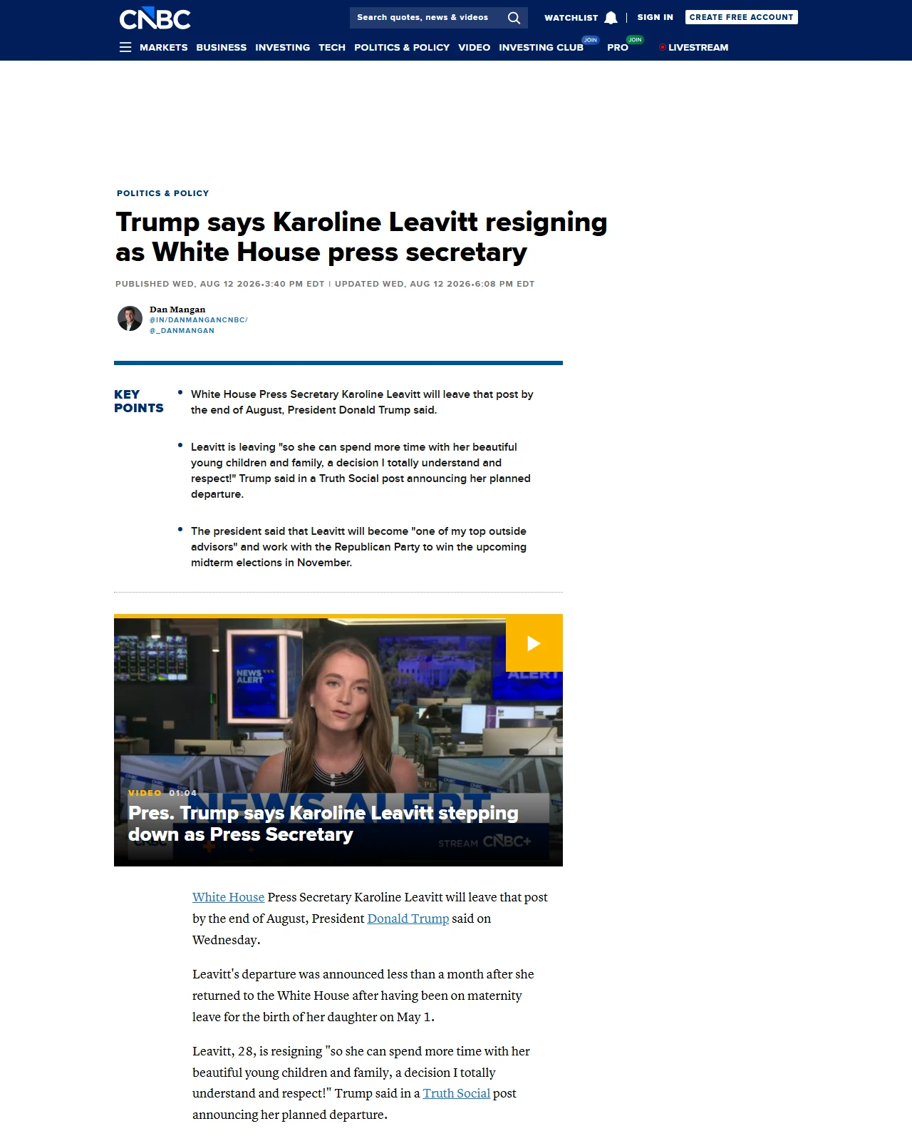 cnbc.com as published: Trump says Karoline Leavitt resigning as White House press secretary