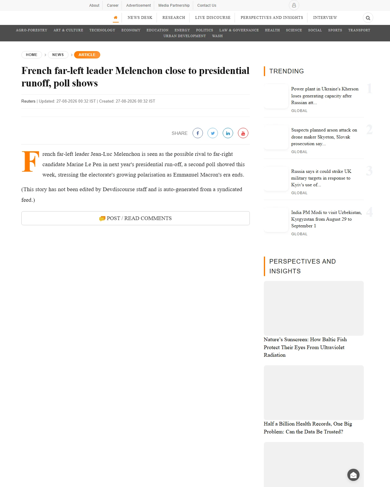 devdiscourse.com as published: French far-left leader Melenchon close to presidential runoff, poll shows
