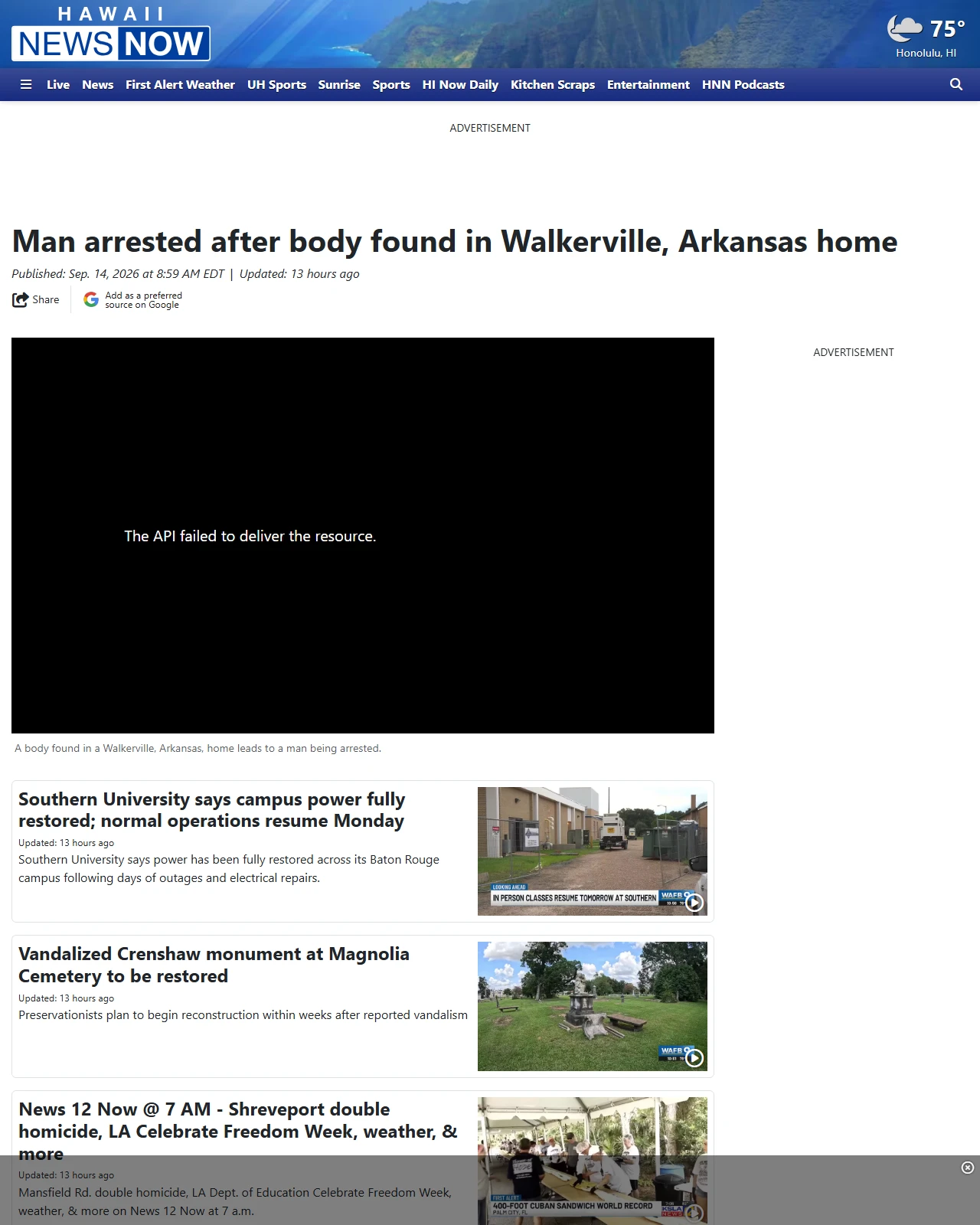 hawaiinewsnow.com as published: Man arrested after body found in Walkerville, Arkansas home